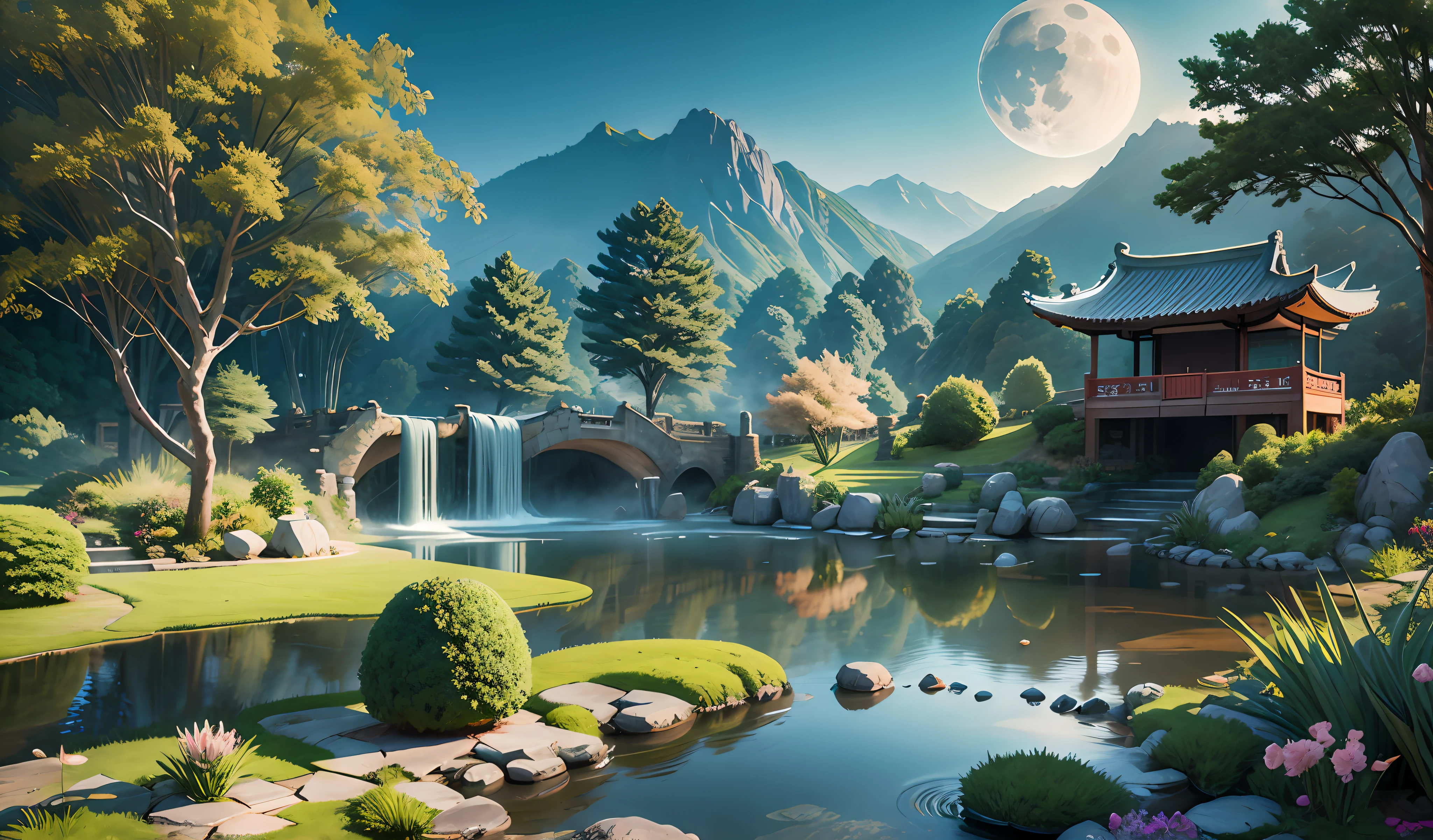 9:16 Full picture, ancient Chinese architecture, hazy moon, night, garden, bamboo, lake, stone bridge, rockery, arch, corner, rockery, tree, running water, landscape, outdoor, waterfall, grass, rock, water lily, hot spring , Water Vapor, (Illustration: 1.0), Epic Composition, Detail Enhancement, Detail Enhancement. Realistic lighting, HD details, masterpiece, best quality, (very detailed CG unity 8k wallpaper), (best quality)