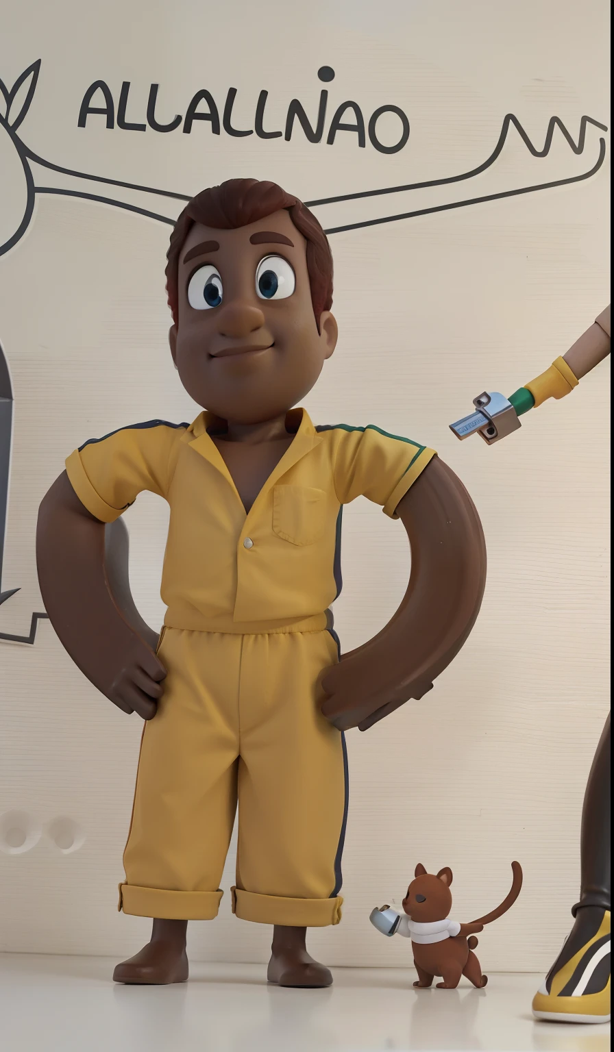 Um alce meio humano cartoon, usando uma jardineira amarela