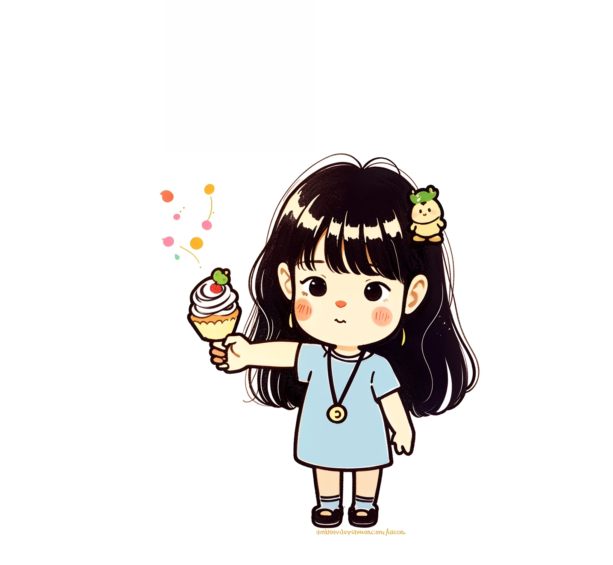 Anime girl with cupcake and cat, lovely art style, adorable digital art, Rendering of cute girls, cute kawaii girls, Cute cartoon character, Cute detailed digital art, Cute anime girl, Cute cartoon, chibi girl, Cute cartoon style, cute character, Cute anime, Chibi anime girl, cute artwork, Cute anime style, Anime moe art style，balloons，Skysky，Clouds，adolable，sprout