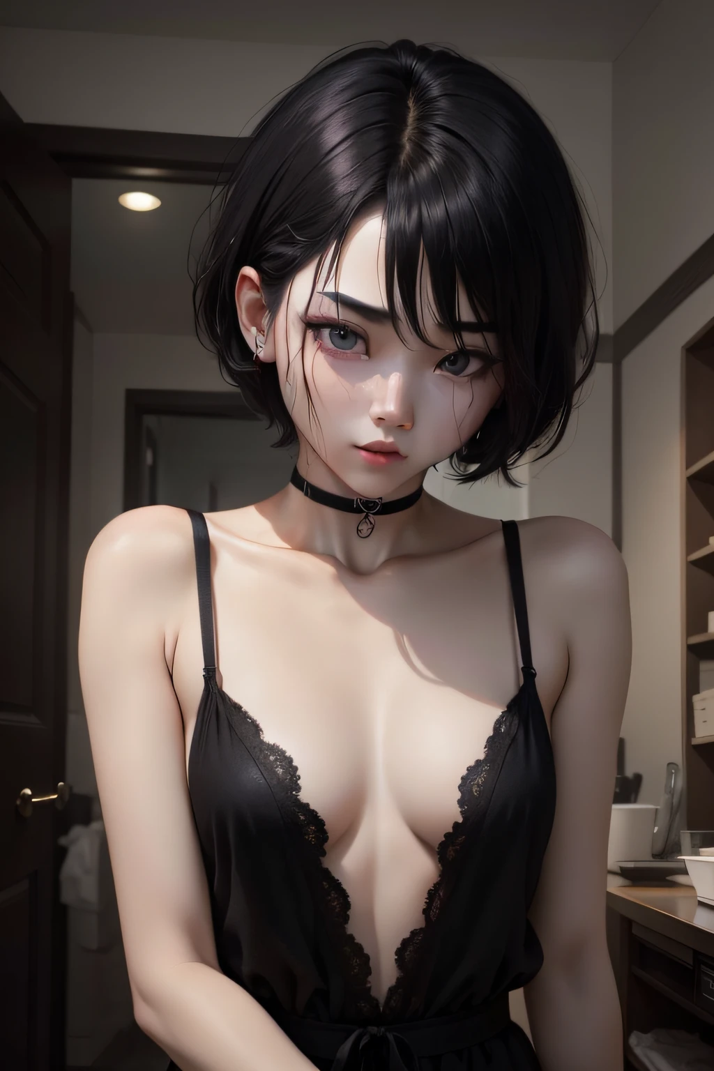 His short hair was pitch black as ink，The pupils of the eyes are bright red as blood，The skin is as pale as a patient。