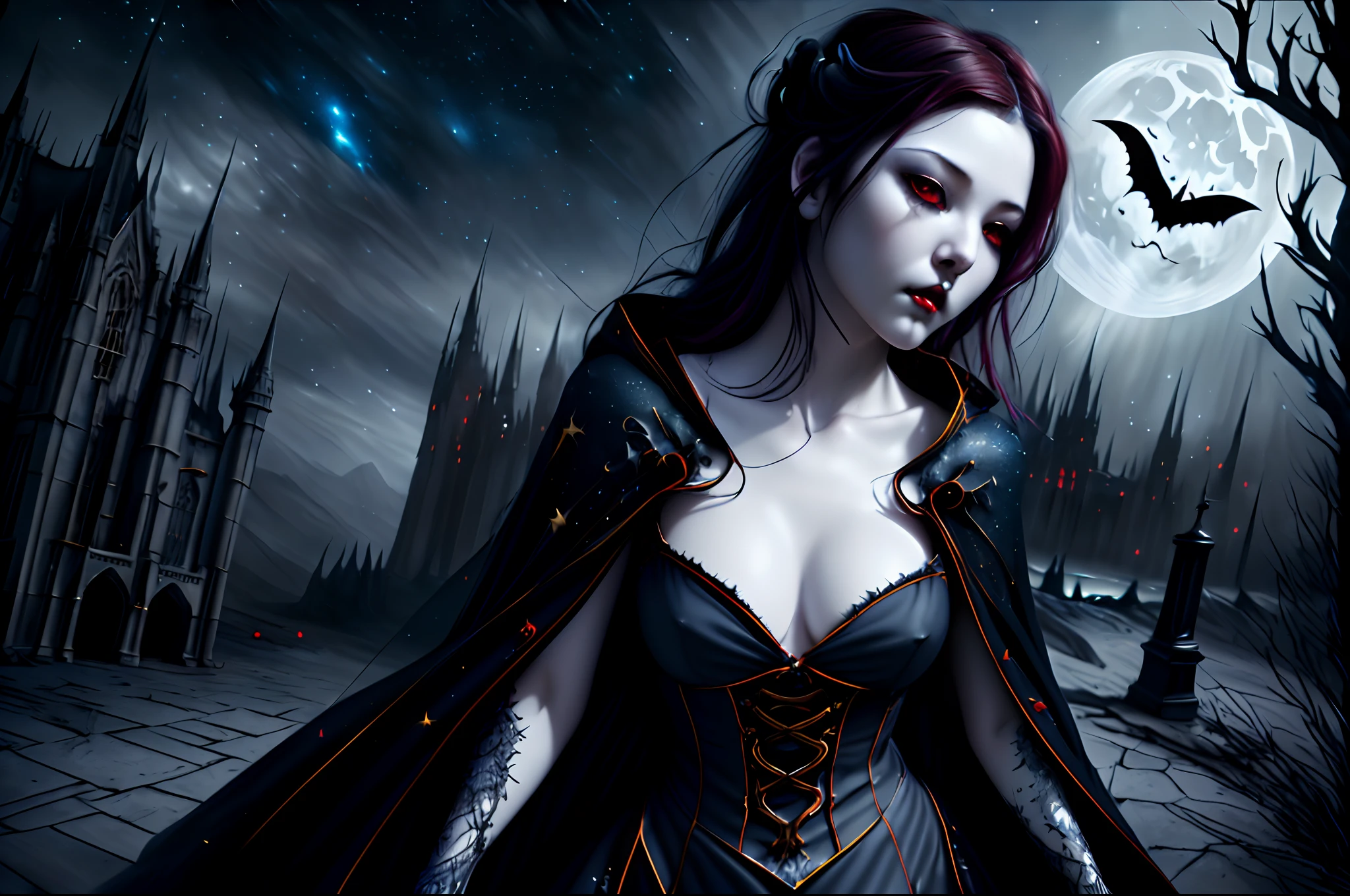 a picture of an exquisite beautiful female vampire standing under the starry night sky on the porch of her castle, dynamic angle (ultra detailed, Masterpiece, best quality), ultra detailed face (ultra detailed, Masterpiece, best quality), ultra feminine, grey skin, red hair, wavy hair, dynamic eyes color, cold eyes, glowing eyes, intense eyes, dark red lips, [fangs], wearing white dress (ultra detailed, Masterpiece, best quality), blue cloak (ultra detailed, Masterpiece, best quality), long cloak, flowing cloak (ultra detailed, Masterpiece, best quality), high heeled boots, sky full of stars background, moon, bats flying about, high details, best quality, 8k, [ultra detailed], masterpiece, best quality, (ultra detailed), full body, ultra wide shot, photorealism, dark fantasy art, dark fantasy art, gothic art, many stars, dark fantasy art, gothic art, sense of dread,