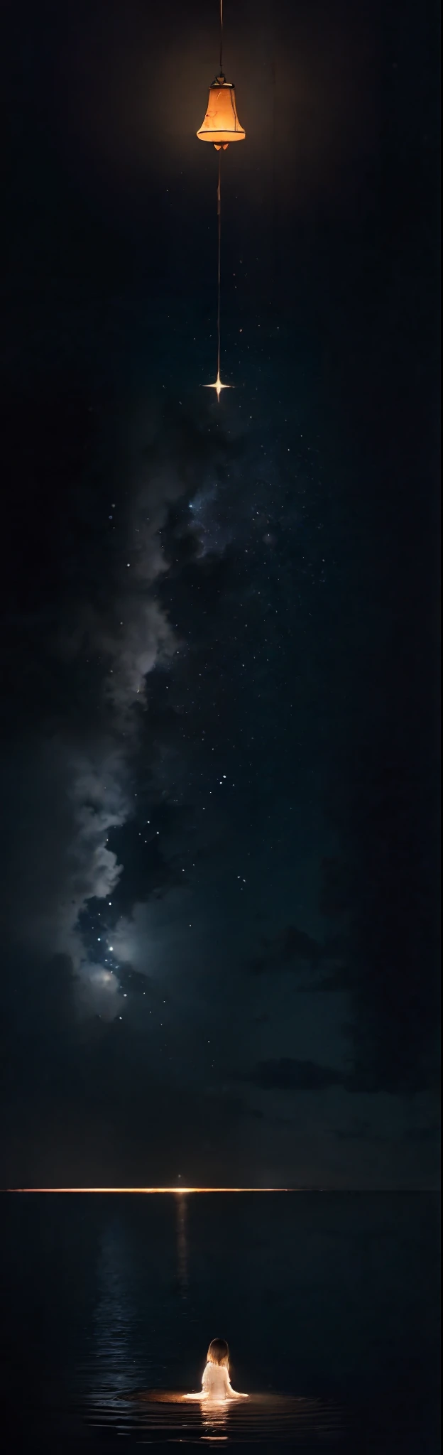 A girl with outstretched arms stands beneath a vast night sky filled with stars and nebulae, as if she's reaching out to touch the cosmos. The scene takes place on the edge of a serene lake, its still waters reflecting the celestial splendor above. The air is slightly chilly, and a gentle breeze ripples the water's surface. The girl's face is lit by the soft glow of a lantern she holds, revealing a mix of awe and serenity. The atmosphere is one of quiet contemplation and connection with the universe. Art Style: Painting, using watercolors to create a dreamy and whimsical depiction of the scene, capturing the girl's wonder and the cosmic beauty