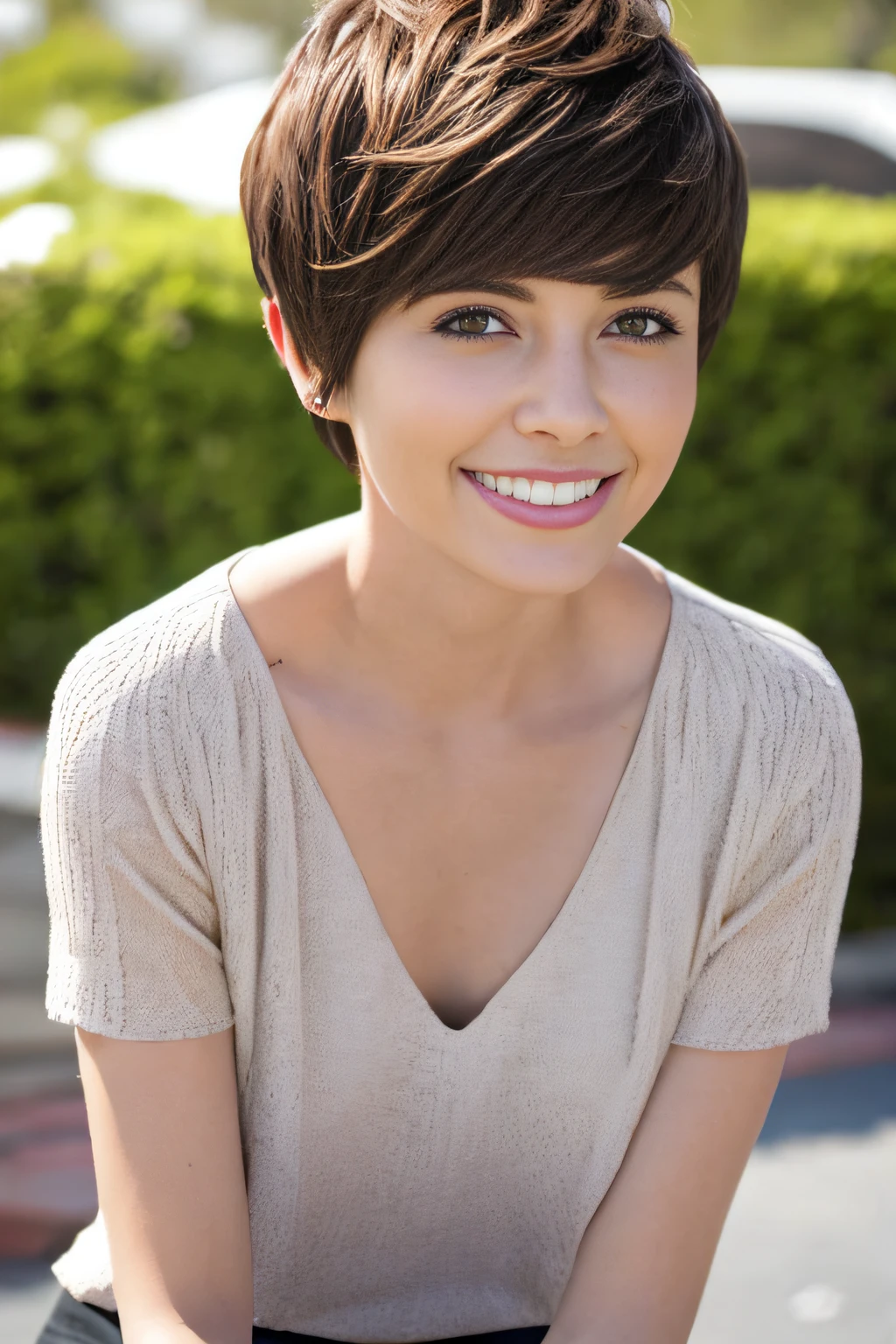 a pixie cut a smile Brown hair