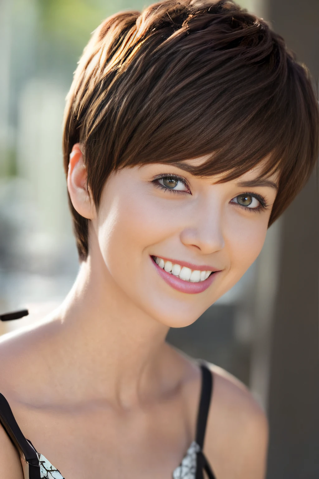 a pixie cut　a smile　Brown hair