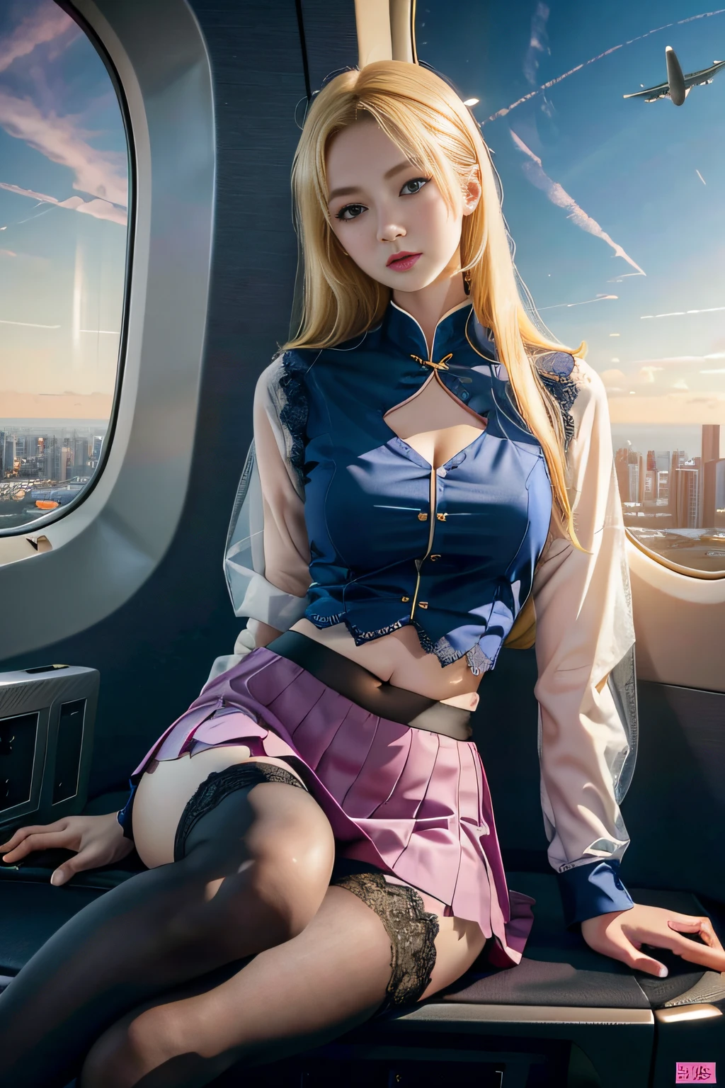 (8K, RAW photo, Best quality, Mastery:1.2), (Realistic, photo-realistic:1.2), (超高分辨率), (Ultra detailed), absurderes, 1girll, Long blonde hair，Blue pupil，pretty  face, symetrical eyes, Taiwan  5, Perfect body proportion,middlebreast，（Pink flight attendant uniform，Lace pleated skirt hem：1.3），Open navel，tight-fitting，lacy stockings，Badges，Thin leg，Fine skin，looking at viewert，（inside airplane：1.2），Motion capture，Frontal view