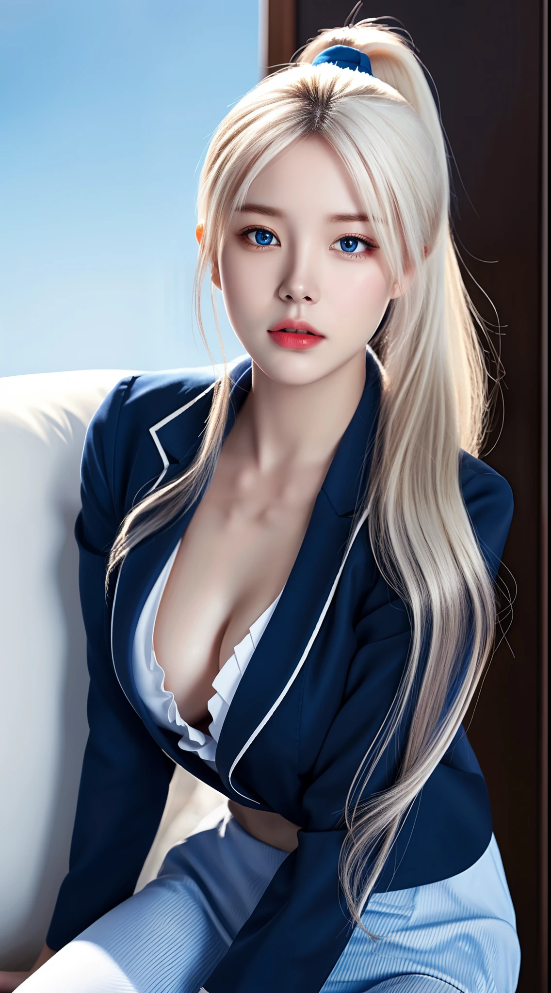 (hyperrealistic), (illustration), (high resolution), (8K), (extremely detailed), (best illustration), (beautiful detailed eyes), (best quality), (ultra-detailed), (masterpiece), (wallpaper), (photorealistic:1.4), (natural light), (rim lighting), (detailed face), high detailed realistic asian skin texture, anatomically correct, solo, 1 girl, (high detailed realistic long white hair:1.35), (ponytail contorted:1.4), heterochromic eyes, (detailed blue eyes), small moles under the eyes, (realistic big breasts:1.5), long legs, tight abs, dynamic pose, bluesky tight t-shirt, navy formal blazer, (upon body from head to thighs:1.4)