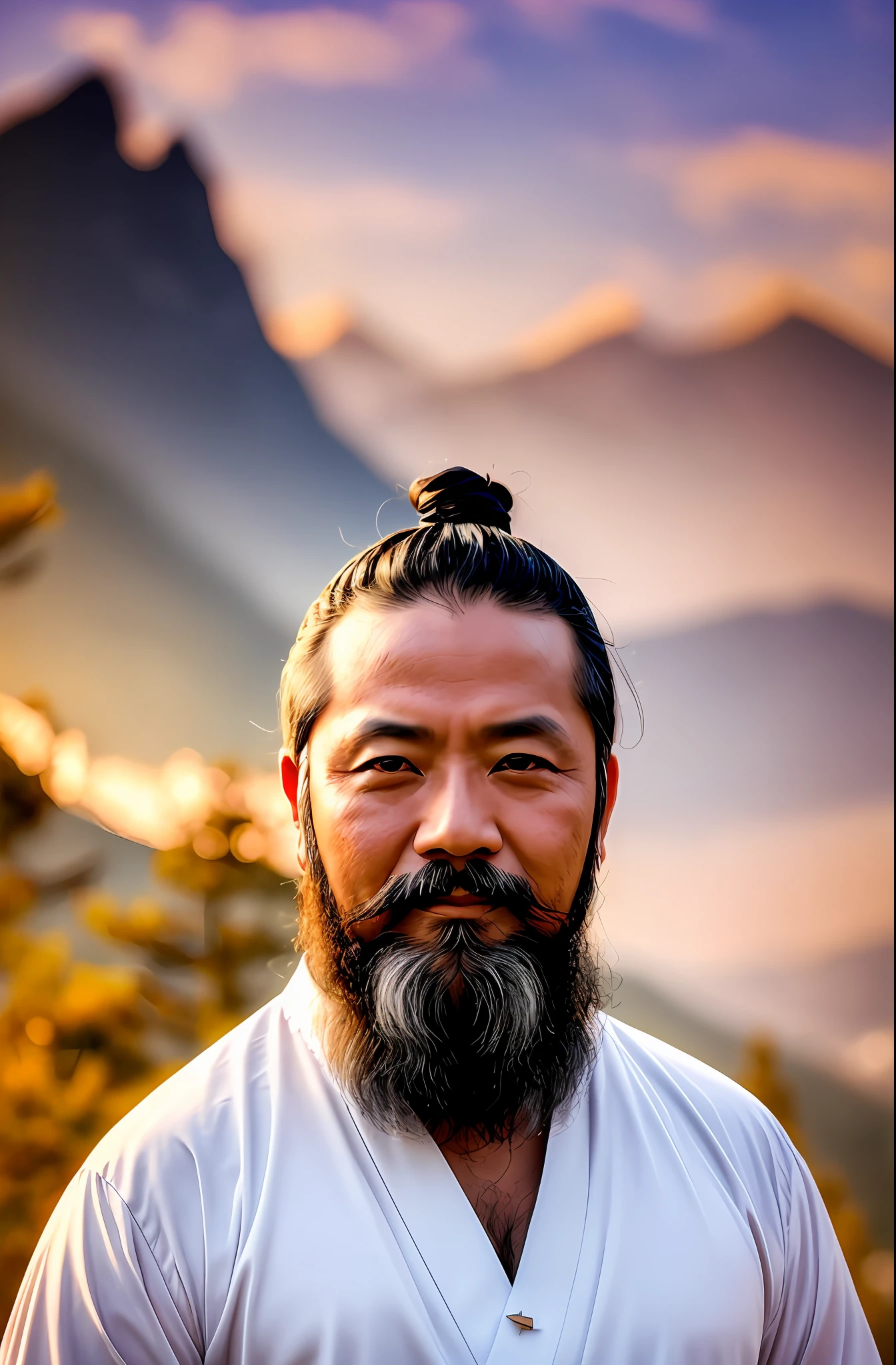 A middle-aged Taoist in white dress with beard, black hair, open eyes, and a smirk on his face, center frame, symmetrical, cinematic lighting, mountain background, bokeh