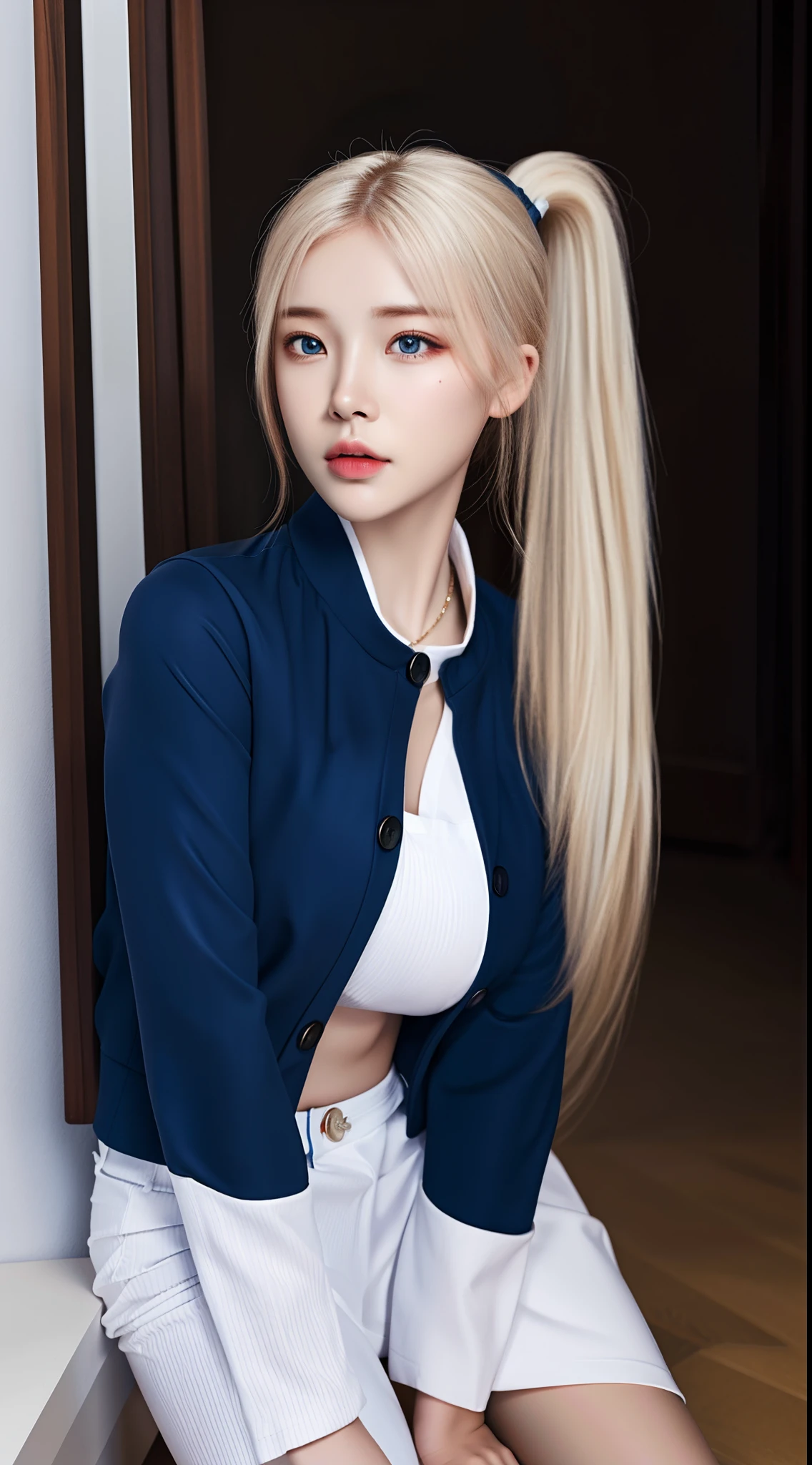 (hyperrealistic), (illustration), (high resolution), (8K), (extremely detailed), (best illustration), (beautiful detailed eyes), (best quality), (ultra-detailed), (masterpiece), (wallpaper), (photorealistic:1.4), (natural light), (rim lighting), (detailed face), high detailed realistic asian skin texture, anatomically correct, solo, 1 girl, (high detailed realistic long wavy white hair:1.35), (ponytail contorted:1.4), heterochromic eyes, (detailed blue eyes), small moles under the eyes, (realistic big breasts:1.5), long legs, tight abs, dynamic pose, sport bra, navy winter jacket, (upon body from head to thighs:1.4), (Beautiful Cute Pakistani Woman:1.55)