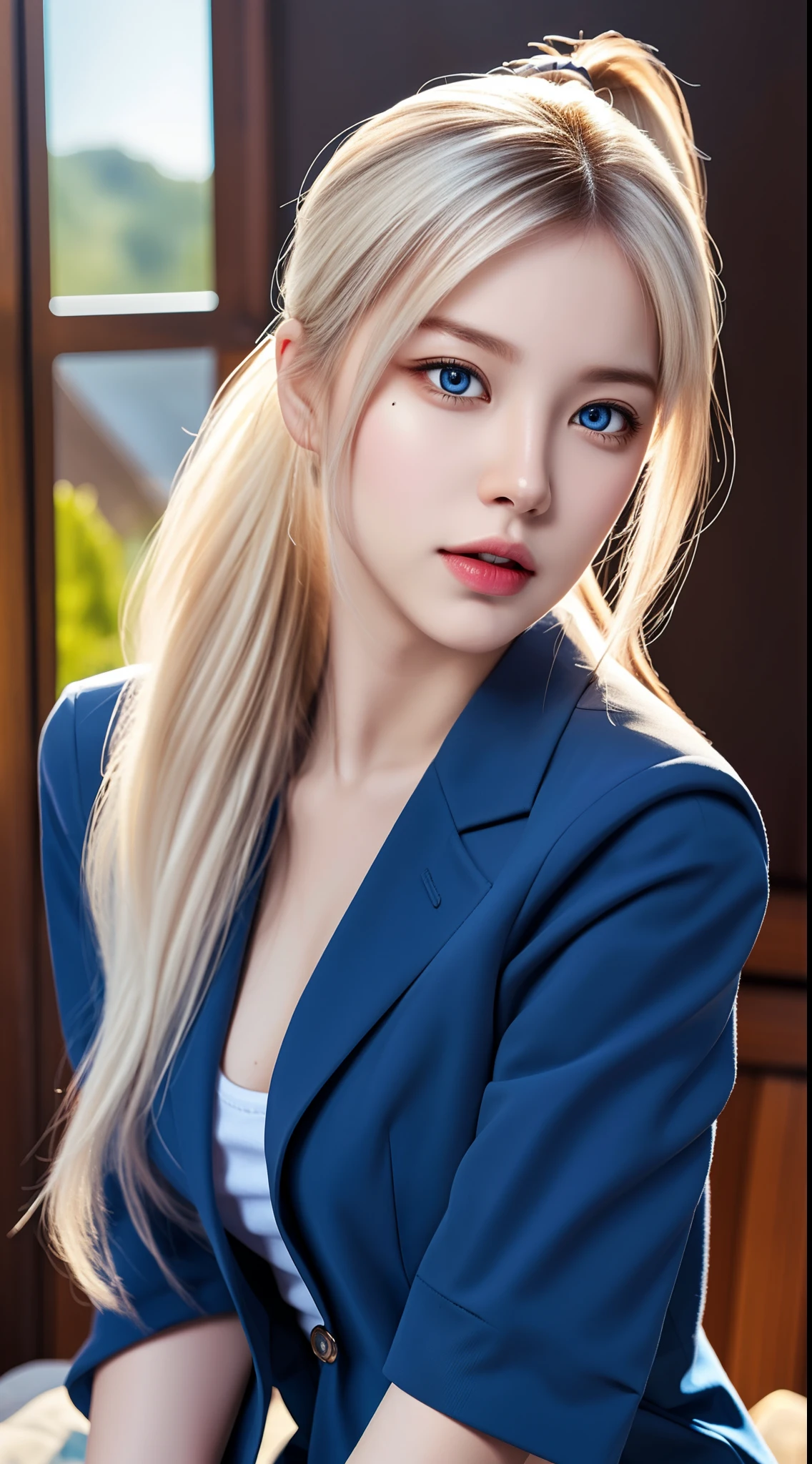 (hyperrealistic), (illustration), (high resolution), (8K), (extremely detailed), (best illustration), (beautiful detailed eyes), (best quality), (ultra-detailed), (masterpiece), (wallpaper), (photorealistic:1.4), (natural light), (rim lighting), (detailed face), high detailed realistic asian skin texture, anatomically correct, solo, 1 girl, (high detailed realistic long white hair:1.35), (ponytail contorted:1.4), heterochromic eyes, (detailed blue eyes), small moles under the eyes, (realistic big breasts:1.5), long legs, tight abs, dynamic pose, bluesky tight t-shirt, navy formal blazer, (upon body from head to thighs:1.4)