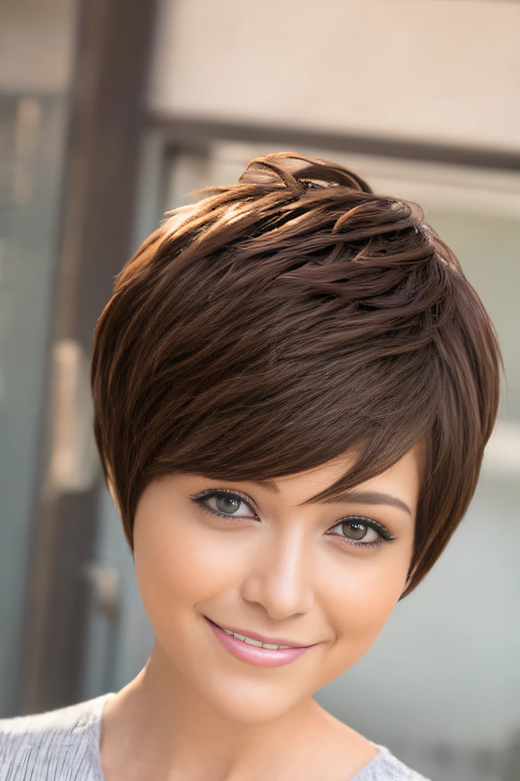 a pixie cut　a smile　Brown hair