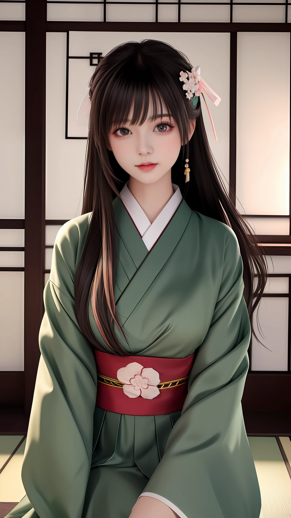 JK Girl, Girl wearing Japanese girls' school uniform, 8K, very high image quality, Film texture, Realistic, Eating Japanese food, Japanese background, Depth of field, Tatami room, Warm lighting, Bow on chest, bangs, Long hair over the shoulder, (Playful EY...