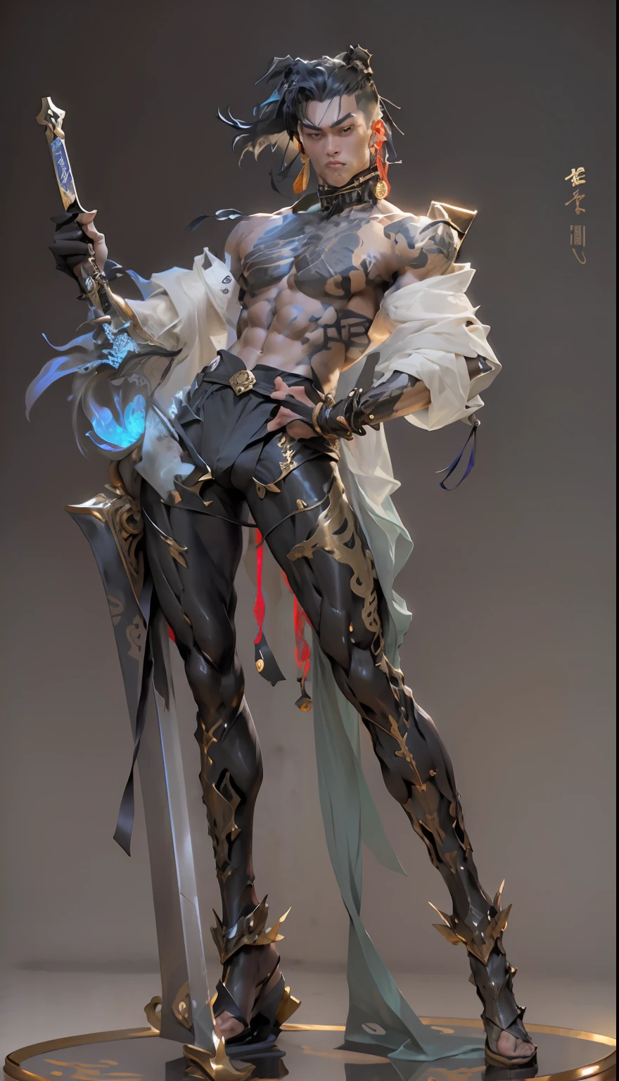 Sculpture design,Figures,GK model,((The whole body of the character)),decor,Expose muscles,(Exquisite base),Wu Shixun,Long sword in hand,Transparent material,Handsome cybernetic boy looking at camera lingerie detailed muscular reality masterpiece,musculous
