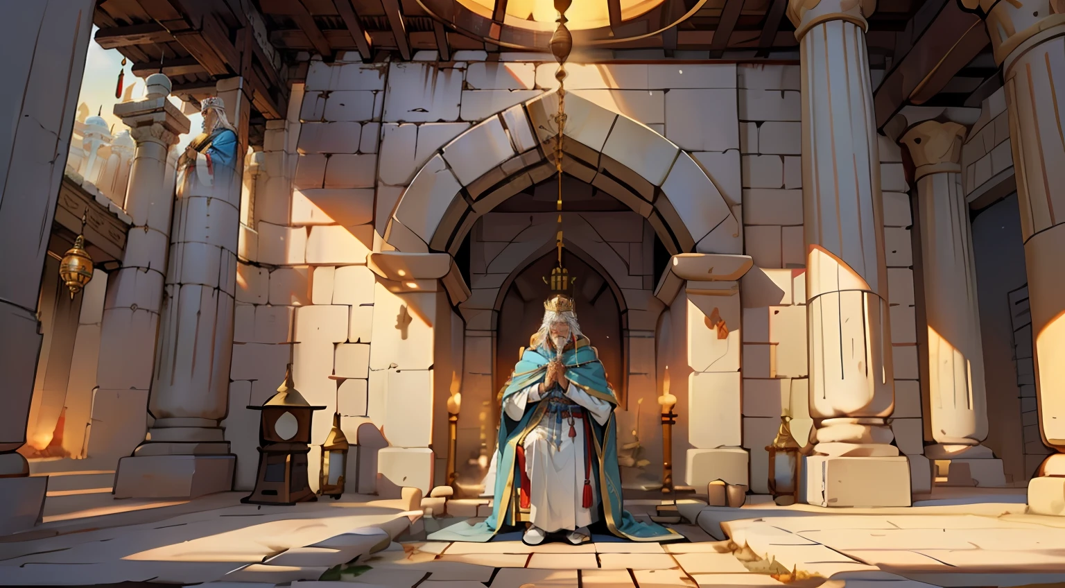 vanishing point, Persian king with white hair and crown and long Blue cloak pray in the fire temple, insideand middle the temple is very big round fireplace,