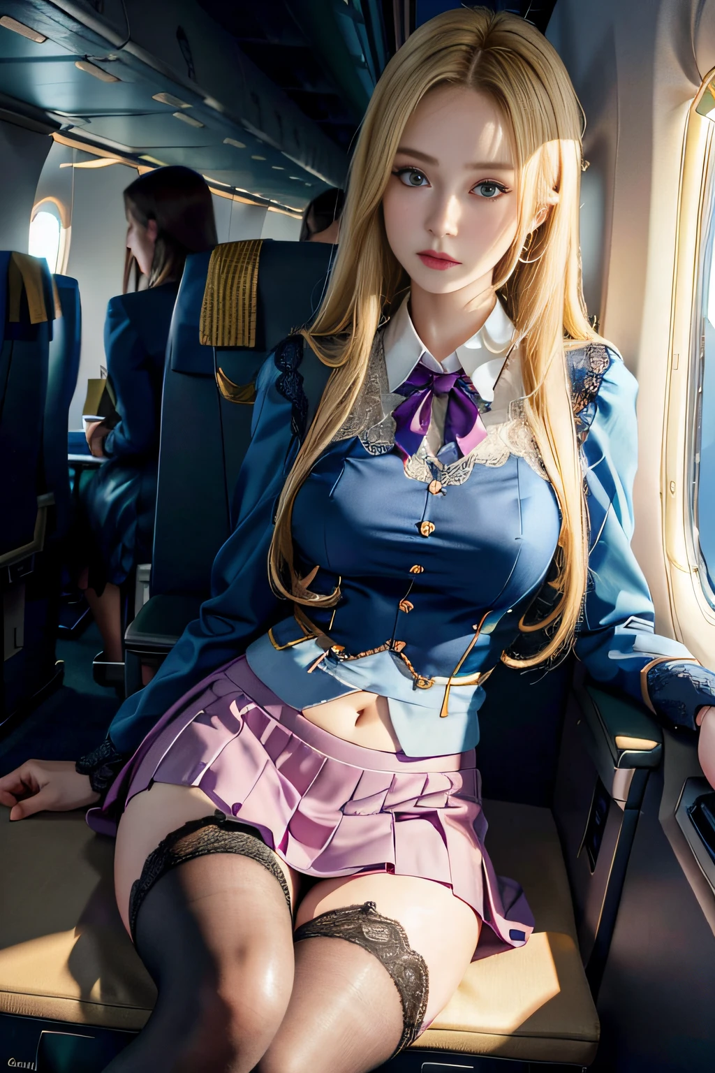(8K, RAW photo, Best quality, Mastery:1.2), (Realistic, photo-realistic:1.2), (超高分辨率), (Ultra detailed), absurderes, 1girll, Long blonde hair,Blue pupil,pretty face, symetrical eyes, Taiwan 5, Perfect body proportion,middlebreast,(Pink flight attendant uniform,Lace pleated skirt hem:1.5),Open navel,tight-fitting,lacy stockings,Badges,Thin leg,Fine skin,looking at viewert,(inside airplane:1.2),Motion capture,Frontal view