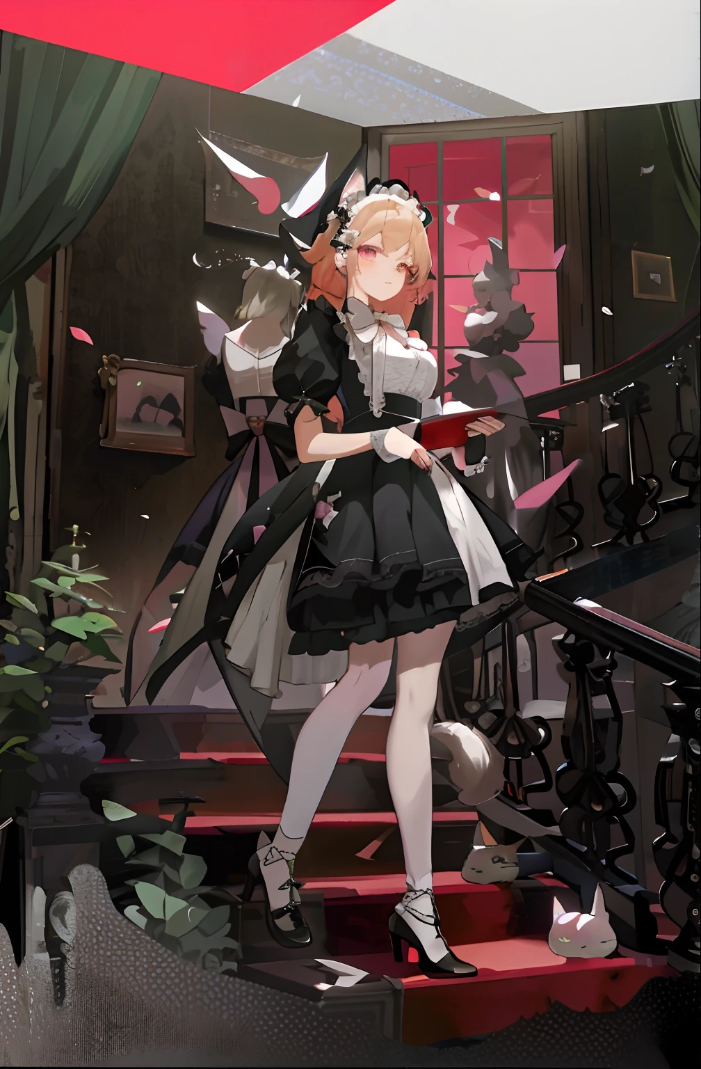 Anime maids are dressed in elaborate and gorgeous maid outfits，Stand on the stairs in the enchanted forest，Anime cat girl in maid costume，Exquisite maid details，Lace skirt skirt，Cute loli witch，A key artistic image of Kusart Krenz from the Girls' Front。