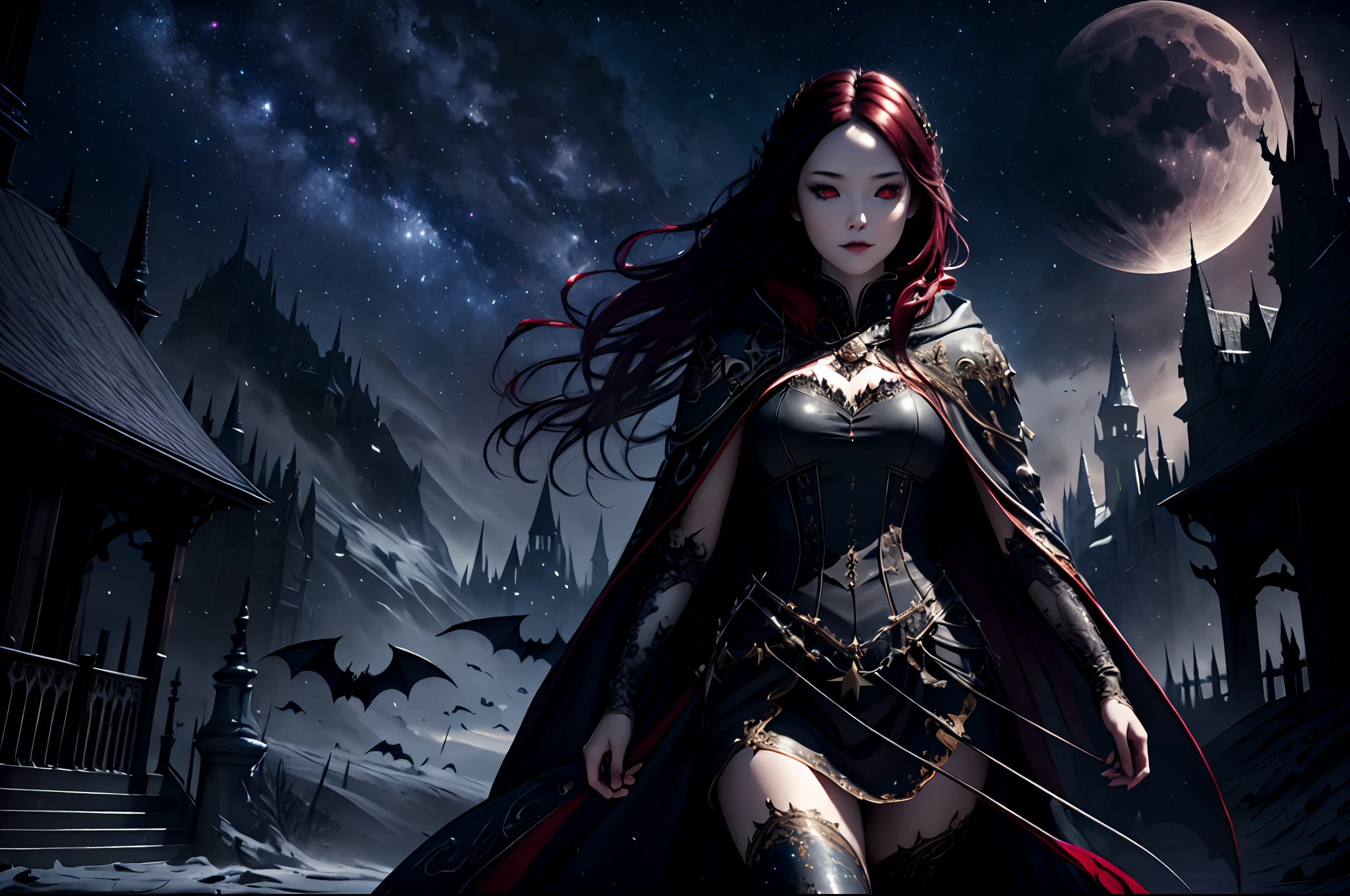 a picture of an exquisite beautiful female vampire standing under the starry night sky on the porch of her castle, dynamic angle (ultra detailed, Masterpiece, best quality), ultra detailed face (ultra detailed, Masterpiece, best quality), ultra feminine, grey skin, red hair, wavy hair, dynamic eyes color, cold eyes, glowing eyes, intense eyes, dark red lips, [fangs], wearing white dress (ultra detailed, Masterpiece, best quality), blue cloak (ultra detailed, Masterpiece, best quality), long cloak, flowing cloak (ultra detailed, Masterpiece, best quality), high heeled boots, sky full of stars background, moon, bats flying about, high details, best quality, 8k, [ultra detailed], masterpiece, best quality, (ultra detailed), full body, ultra wide shot, photorealism, dark fantasy art, dark fantasy art, gothic art, many stars, dark fantasy art, gothic art, sense of dread,