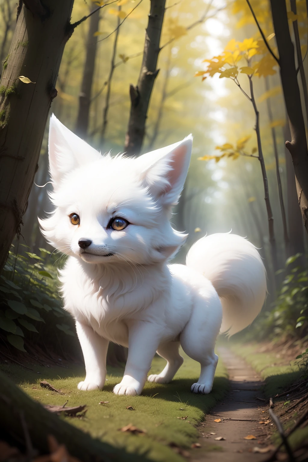 A cute little white fox in the woods。