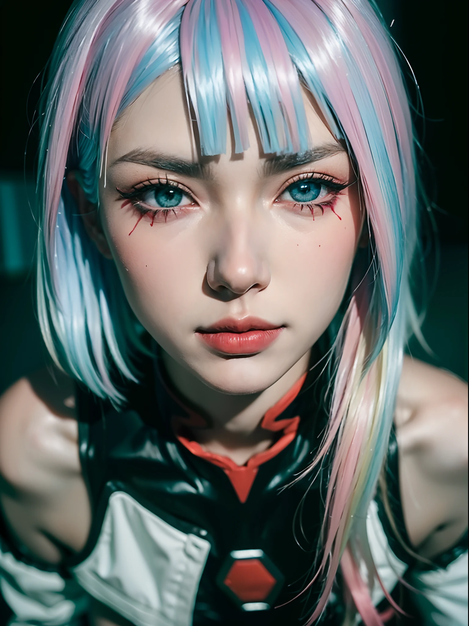 ((Masterpiece, high resolution:1.4), lucy_cyberpunk, (futuristic city at night, neon lights:1), (close up:1.2), (1girl), white short hair, bangs, ((red eyeliner)), ((makeup)), red lips, white off-shouler jacket, black bodysuit, bare shoulders, white shorts, hip vent, black thighhighs, highly detailed skin, skin pores, (highly detailed face:1.5), (highly detailed eyes:1.5), realistic pupils:1.5, full face blush, full lips, (perfect anatomy:1.1), (perfect proportions:1.1), (photography:1.1), (photorealistic:1.1), volumetric lighting, dynamic lighting, real shadows, (highres:1.1), sharp focus, (realistic, hyperrealistic:1.4), intricate, high detail, dramatic, subsurface scattering, big depth of field, vivid, polished, sharpened, ((full Sharp)), (extremely absurdres),16k hdr,