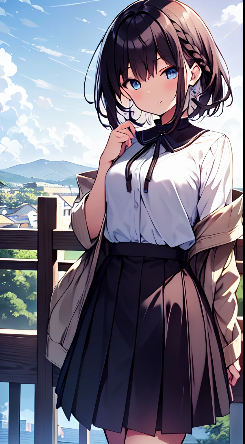 masutepiece, Best Quality,Illustration, Wallpaper, Ultra Detail, 1girl in,Solo,Beautiful detailed eyes,Very thick contour lines、Medium Short-Cut Hair、Short, Braided hair、(student clothes)、Dark hair color、a serene smile、Walking next door、Kamimei、Overlooking angle:1.2、small head