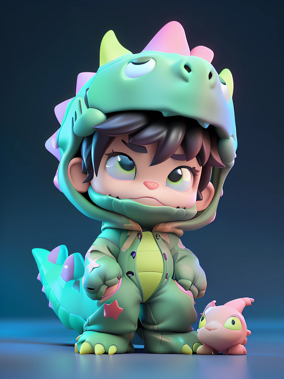 There is a small toy wearing a dinosaur costume, colored zbrush render, cute 3 d render, 3 d render stylized, toon render keyshot, Stylized 3 D, stylized 3d render, Cute detailed digital art, painted in zbrush, trending on polycount, stylized as a 3d render, lovely digital painting, zbrush render