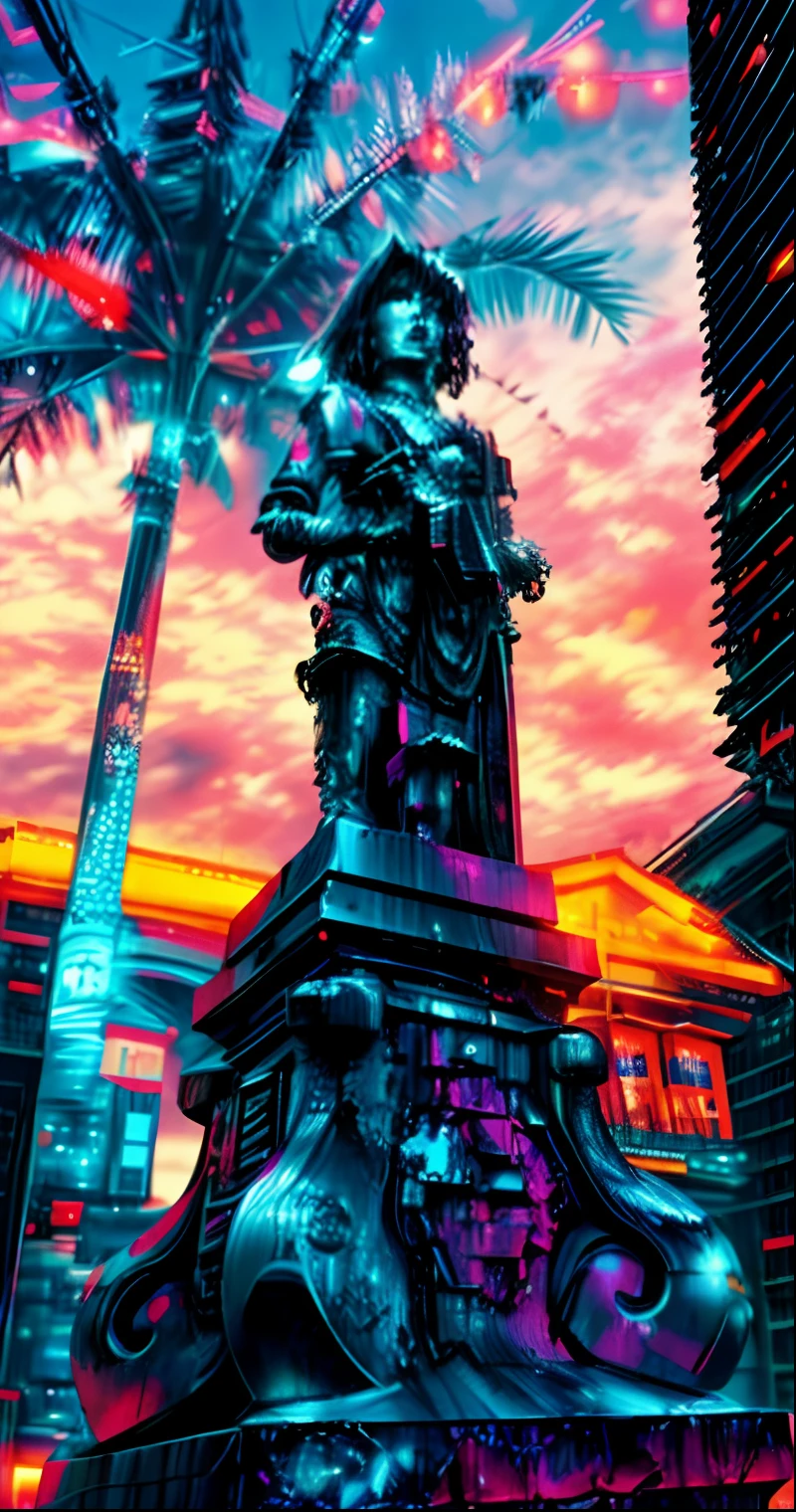 estatua, town square, Futuristic construction, Cyberpunk, Cyberpunk buildings in the background, fundo desfocado, UHD, detalhada
