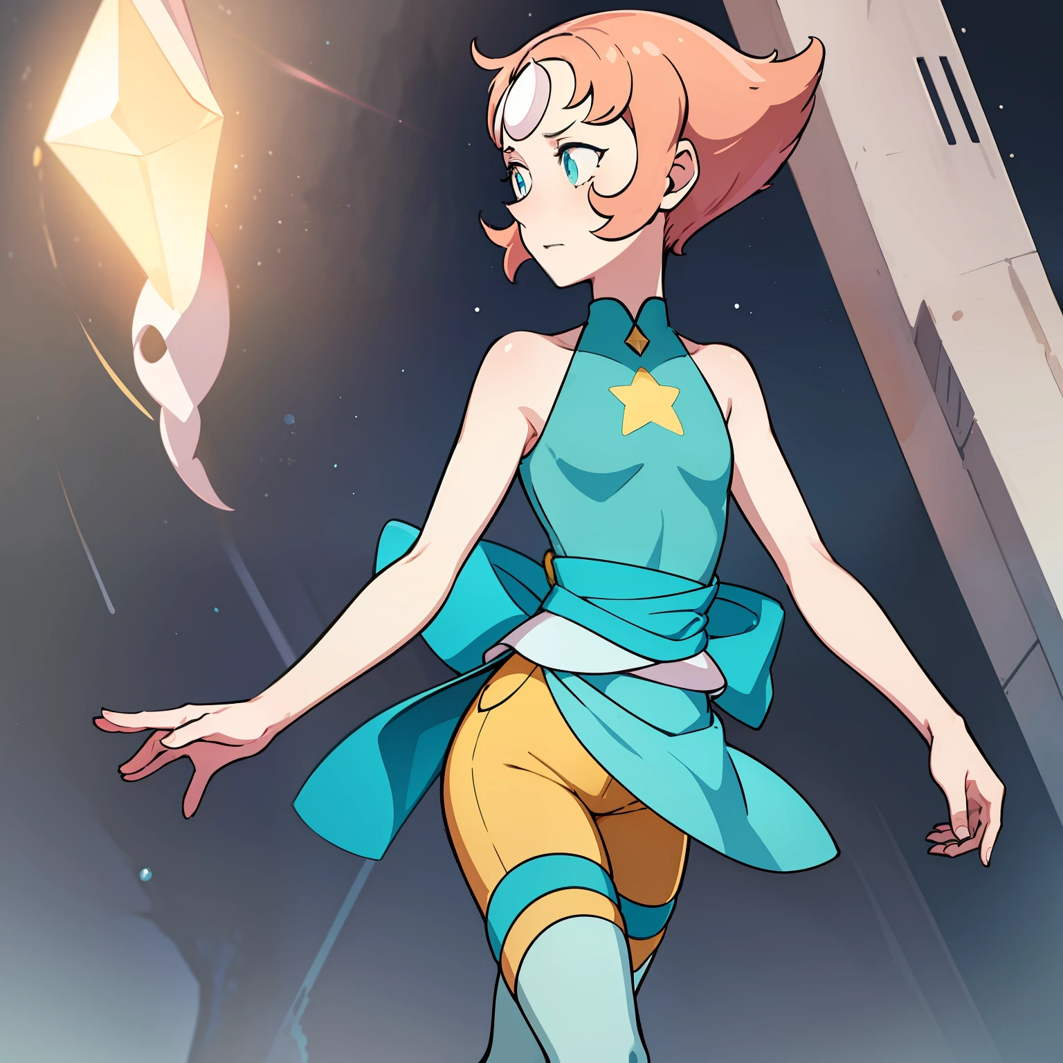 1girl, Pearl, pale, ivory complexion, light-cyan eyes, peach-colored hair, forehead gem, aqua blue tunic, cyan high-waist ribbon, yellow shorts, star emblem, swept-back hair, short hair, pearl gem, pointy nose, pink socks, light blue ballet flats, cheek pinch, cyan blush, perfect anatomy, portrait, better hands