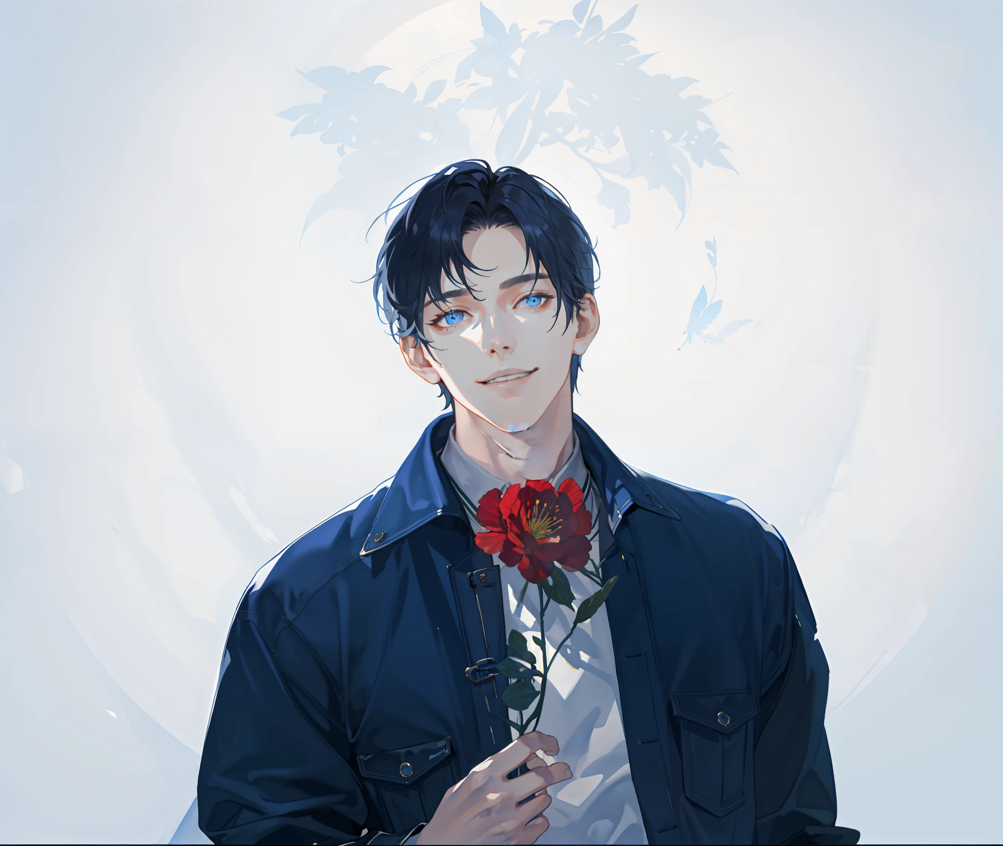 tmasterpiece,best qualtiy,1 male,AS-Adult,handsome,Tall muscular man,a broad shouldered,Delicate eyes and delicate face,Extremely detailed CG unified 8k wallpaper,Complicated details,Handsome,Warm scene,Blue denim jacket,The man wore a smile,depth of fields