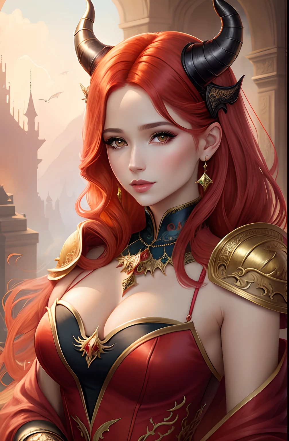 a woman with red hair and a red dragon on her shoulder, inspirado em Magali Villeneuve, Not in the style of Anne Stokes, Magali Villeneuve», estilo de arte de fantasia, Queen of Dragons, Arte de fantasia hiperrealista, Graphic artist Magali Villeneuve, the dragon girl portrait, dragon queen, arte de fantasia digital ), arte estilo fantasia, arte de fantasia realista, arte de fantasia detalhada, on the top of the head huge horns,olhos castanhos