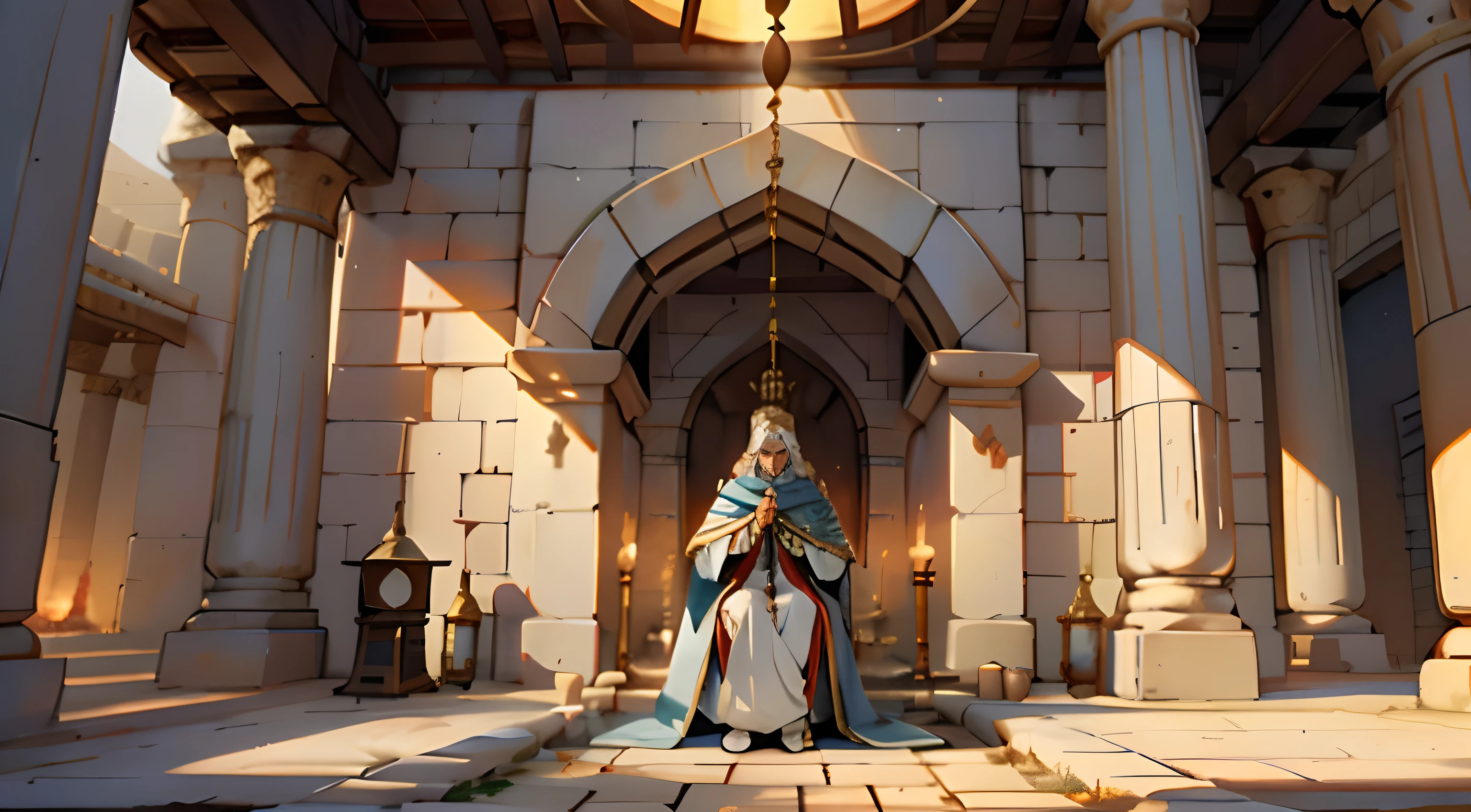 vanishing point, Persian king with white hair and crown and long Blue cloak pray in the fire temple, insideand middle the temple is very big round fireplace,