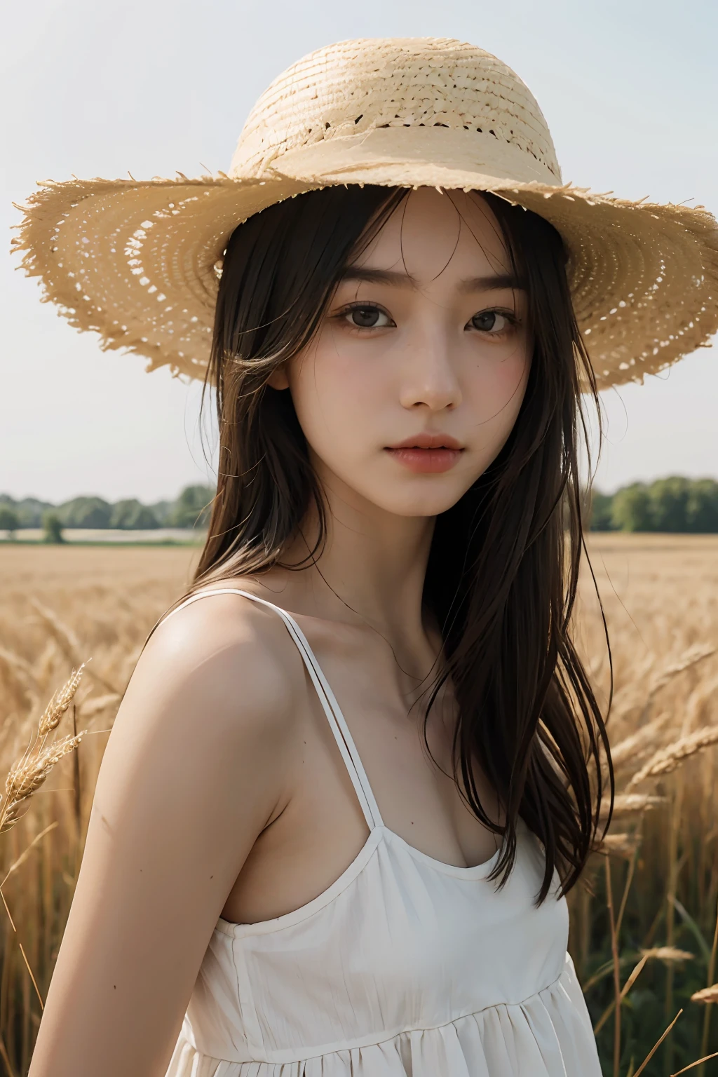 A daughter,White and delicate skin,In the wheat field,looking behind,Straw Hat Hat,True natural lighting,Time: Afternoon,Questioning expressions,85mm focal length,Masterpiece,4k画质