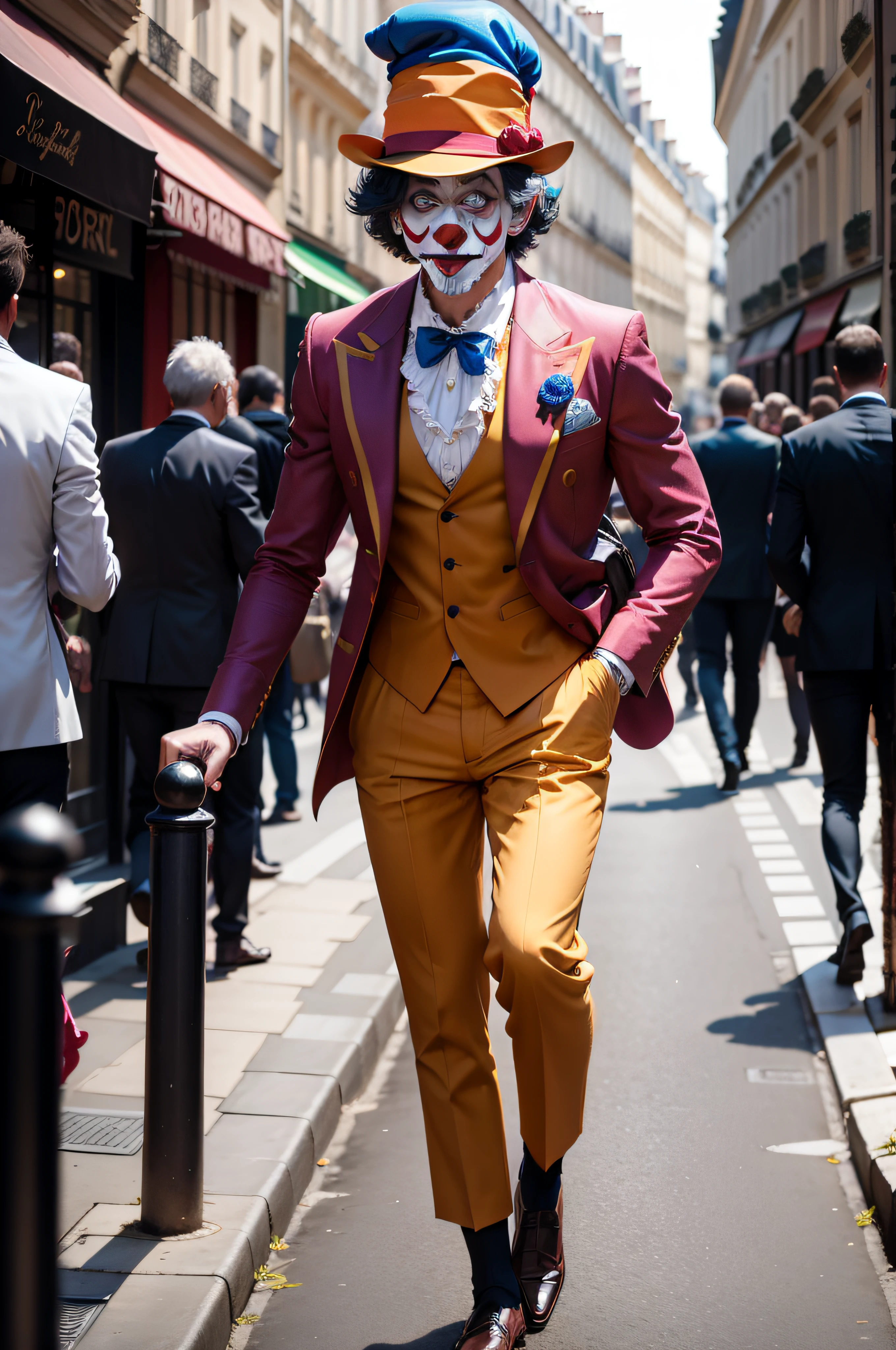 "A stylish gentleman dons a clown outfit and struts through the streets of Paris"