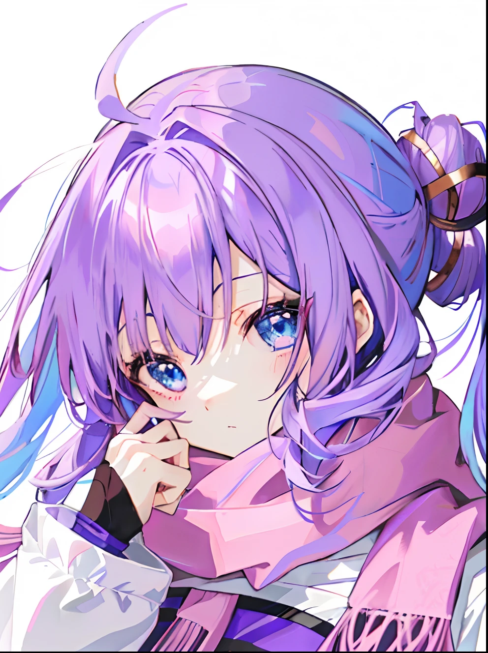 Purple colored hair、Anime characters with blue eyes and scarves, anime visual of a cute girl, anime moe art style, she has a cute expressive face, Ayaka Genshin impact, with index finger, hajime yatate, shirabii, anime girl named lucy, cute anime face, in an anime style, extremely cute anime girl face, In the anime