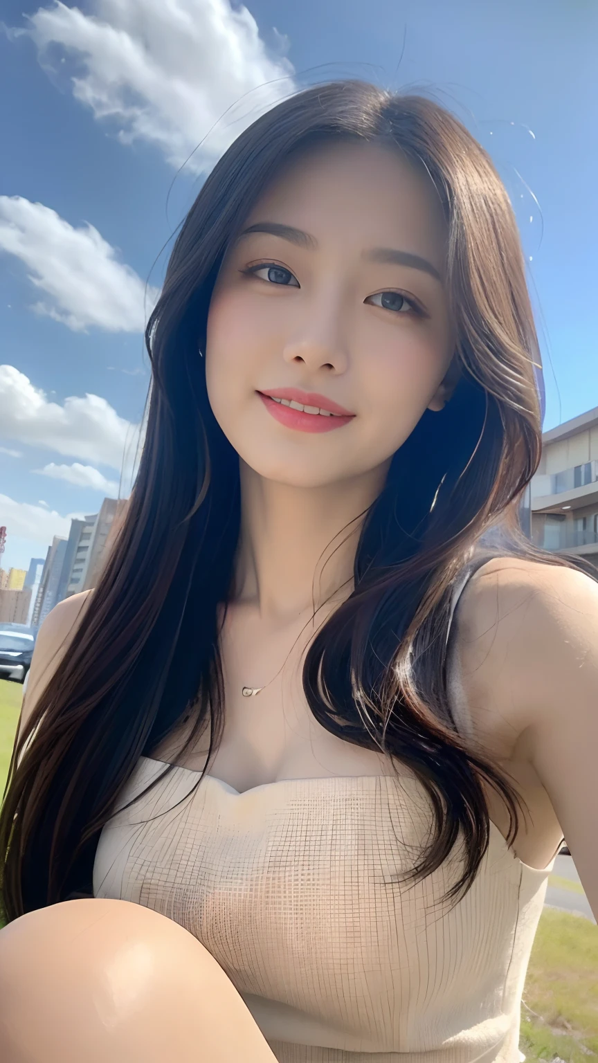((Best Quality, 8K, Masterpiece:1.3)), A beautiful girl, pure, melon face, gentle and cute, sweet smile, pure desire, thin figure, (frontal), (tilted head), looking directly at the camera, uniform, obi, formal, black silky long straight hair, long hair flowing over the shoulders, round black big eyes, clear big eyes, moist red lips, sweet, sitting on the side of the road, blue sky and white clouds, grass, buildings,