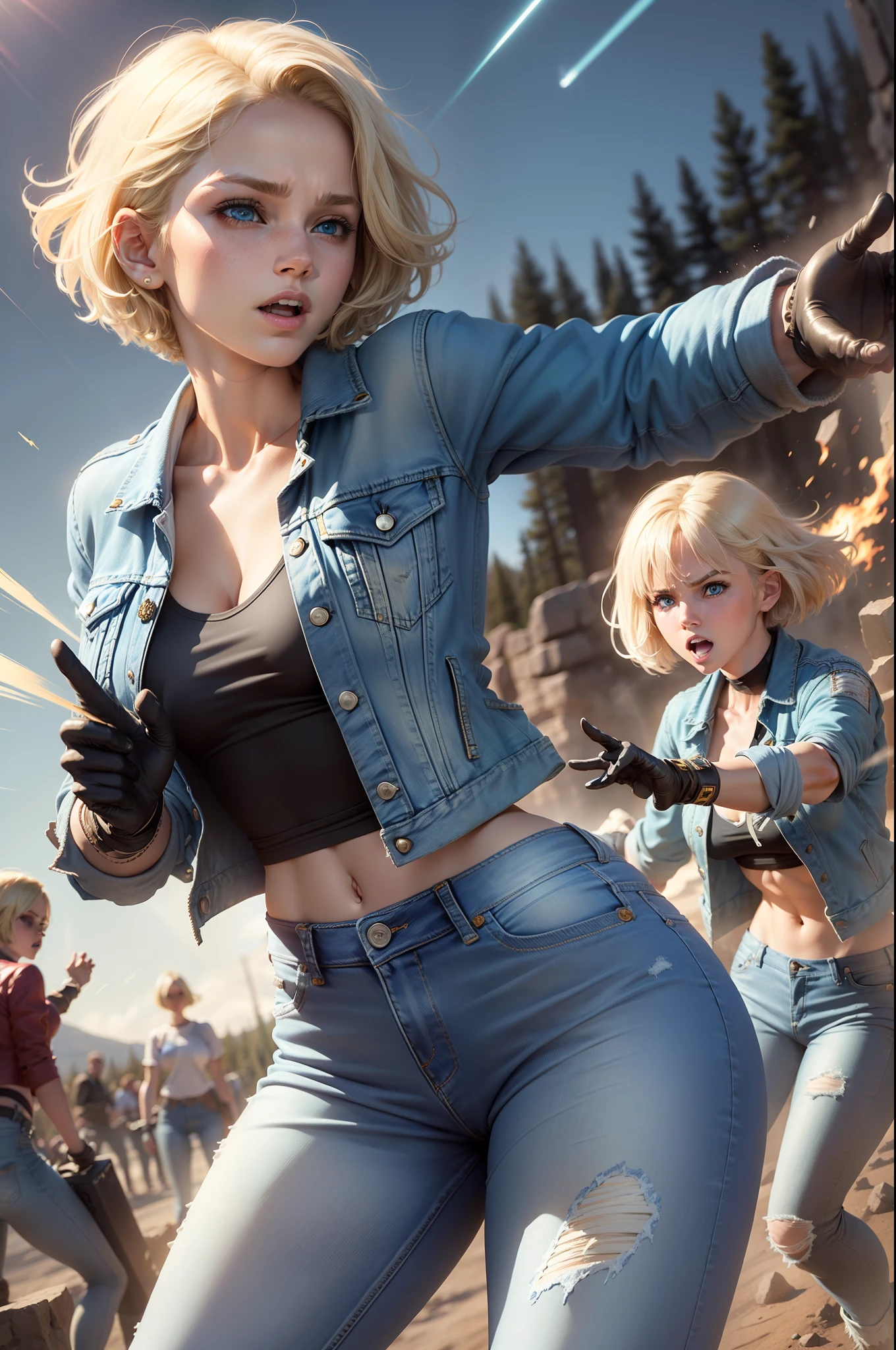 (((1 girl, cute, denim jacket, white top, jeans, Gloves, blond, short hair, bob hair, side parted hair, blue eyes))), (((blond hair))),
dynamic poses, manga style, depicting a group of characters in various action scenes, from intense battles to lighthearted moments, with dramatic speed lines and bold sound effects, capturing the excitement and energy of the story, Laser rays from the palm of hand, Attack forward with palm, yellowstone park, Grand Canyon,