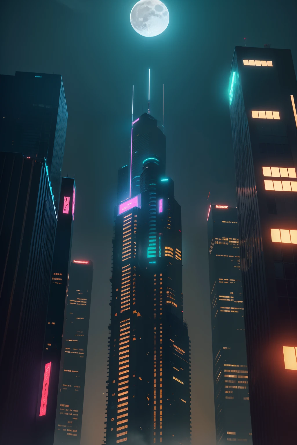 Evening's，High-rise buildings，Cyberpunk style，There is a full moon in the sky，There are neon ones，Amazing vision，Shocking real，HD ultra-wide angle，Panoramic Ultra HD，8K，There are no characters