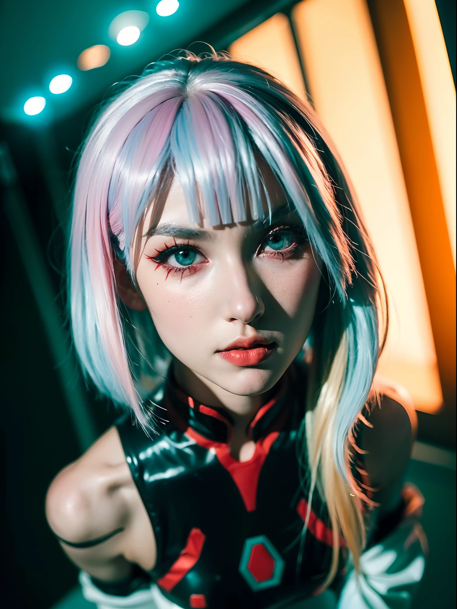 ((Masterpiece, high resolution:1.4), lucy_cyberpunk, (futuristic city at night, neon lights:1), (close up:1.2), (1girl), white short hair, bangs, ((red eyeliner)), ((makeup)), red lips, white off-shouler jacket, black bodysuit, bare shoulders, white shorts, hip vent, black thighhighs, highly detailed skin, skin pores, (highly detailed face:1.2), (highly detailed eyes:1.2), realistic pupils:1.2, full face blush, full lips, (perfect anatomy:1.1), (perfect proportions:1.1), (photography:1.1), (photorealistic:1.1), volumetric lighting, dynamic lighting, real shadows, (highres:1.1), sharp focus, (realistic, hyperrealistic:1.4), intricate, high detail, dramatic, subsurface scattering, big depth of field, vivid, polished, sharpened, ((full Sharp)), (extremely absurdres),16k hdr,