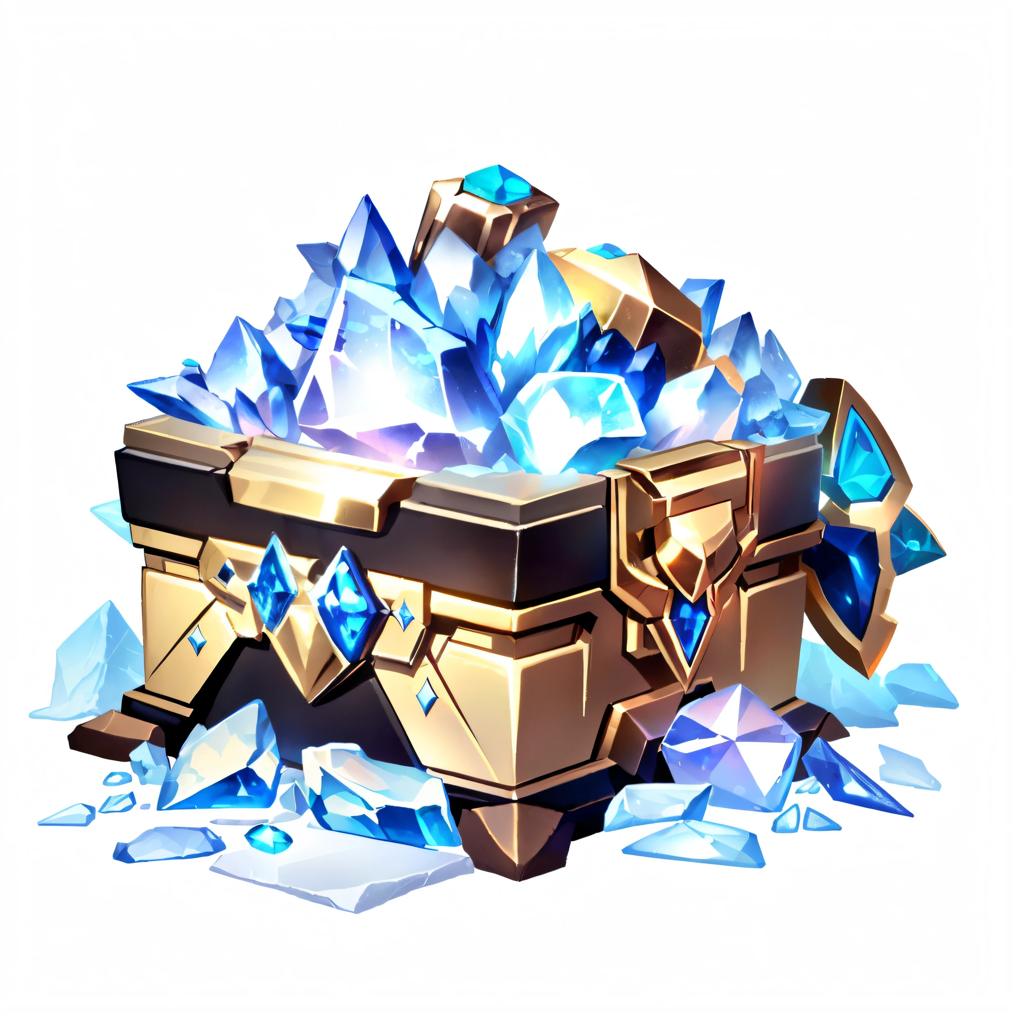 There is a box,There are a lot of diamonds on it, loot box, treasure artifact, Treasure Trove, frost gem, Treasure chests, crystal material, gemstones and gold, crystall,game icon asset,Up,mechs,sci-fy