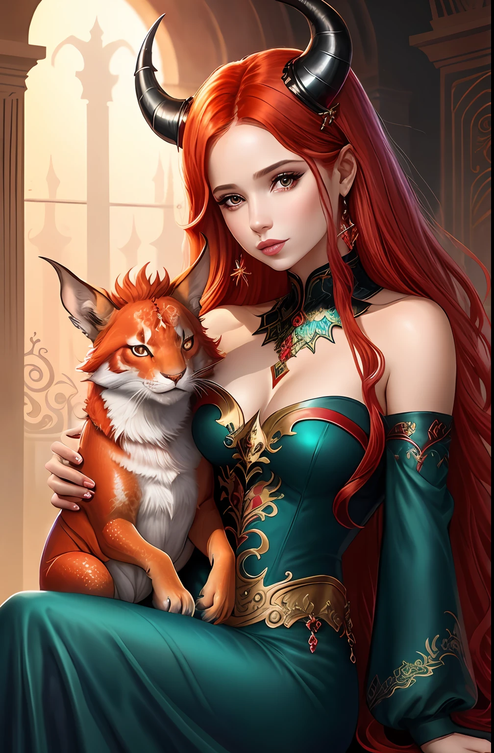 a woman with red hair and a red dragon on her shoulder, inspirado em Magali Villeneuve, Not in the style of Anne Stokes, Magali Villeneuve», estilo de arte de fantasia, Queen of Dragons, Arte de fantasia hiperrealista, Graphic artist Magali Villeneuve, the dragon girl portrait, dragon queen, arte de fantasia digital ), arte estilo fantasia, arte de fantasia realista, arte de fantasia detalhada, on the top of the head huge horns,olhos laranjas