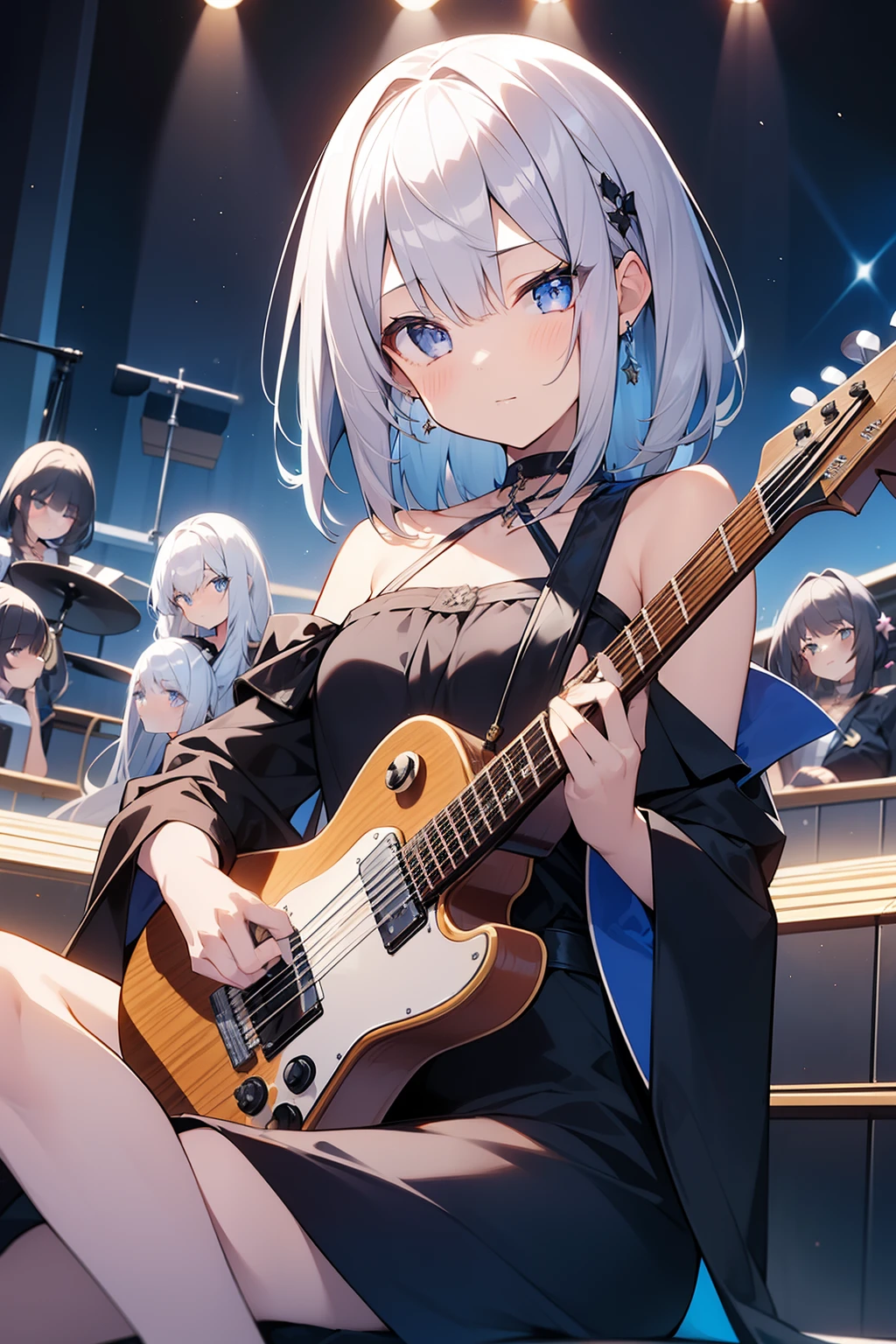 masterpiece, hyper quality, 1girl, solo girl, silver hair, blue eyes, sharp eyes, straight hair, (short hair), ((shoulder-length hair)), expressionless, sitting on the chair, a brown chair, holding a guitar, music notes, Concert hall, stage, star hair pin, blue and purple