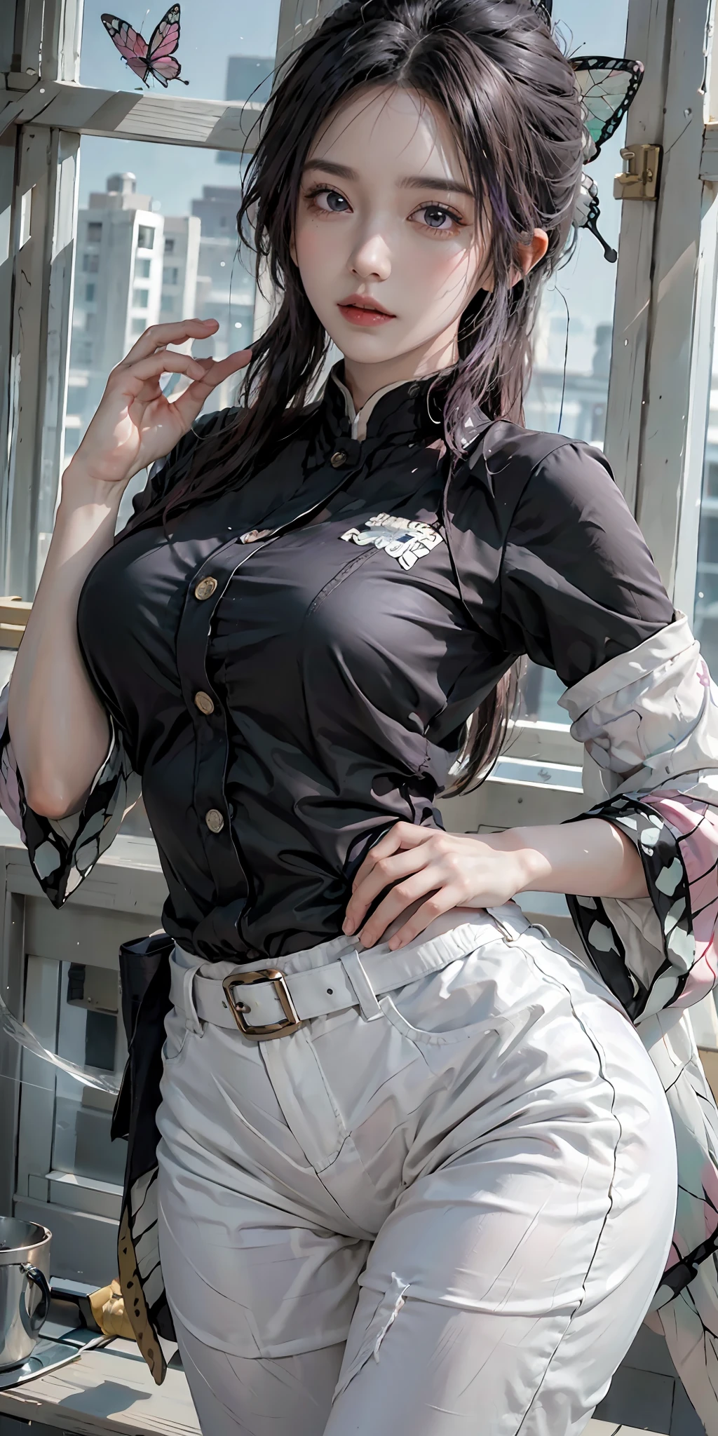 photorealistic, high resolution, soft light,1women, solo, hips up, (detailed face), nami \(one piece\), tattoo, jewelry,kochou shinobu,multicolored hair,no bangs,hair intakes,purple eyes,forehead,black shirt,black pants,haori,butterfly,buttons,belt, katana