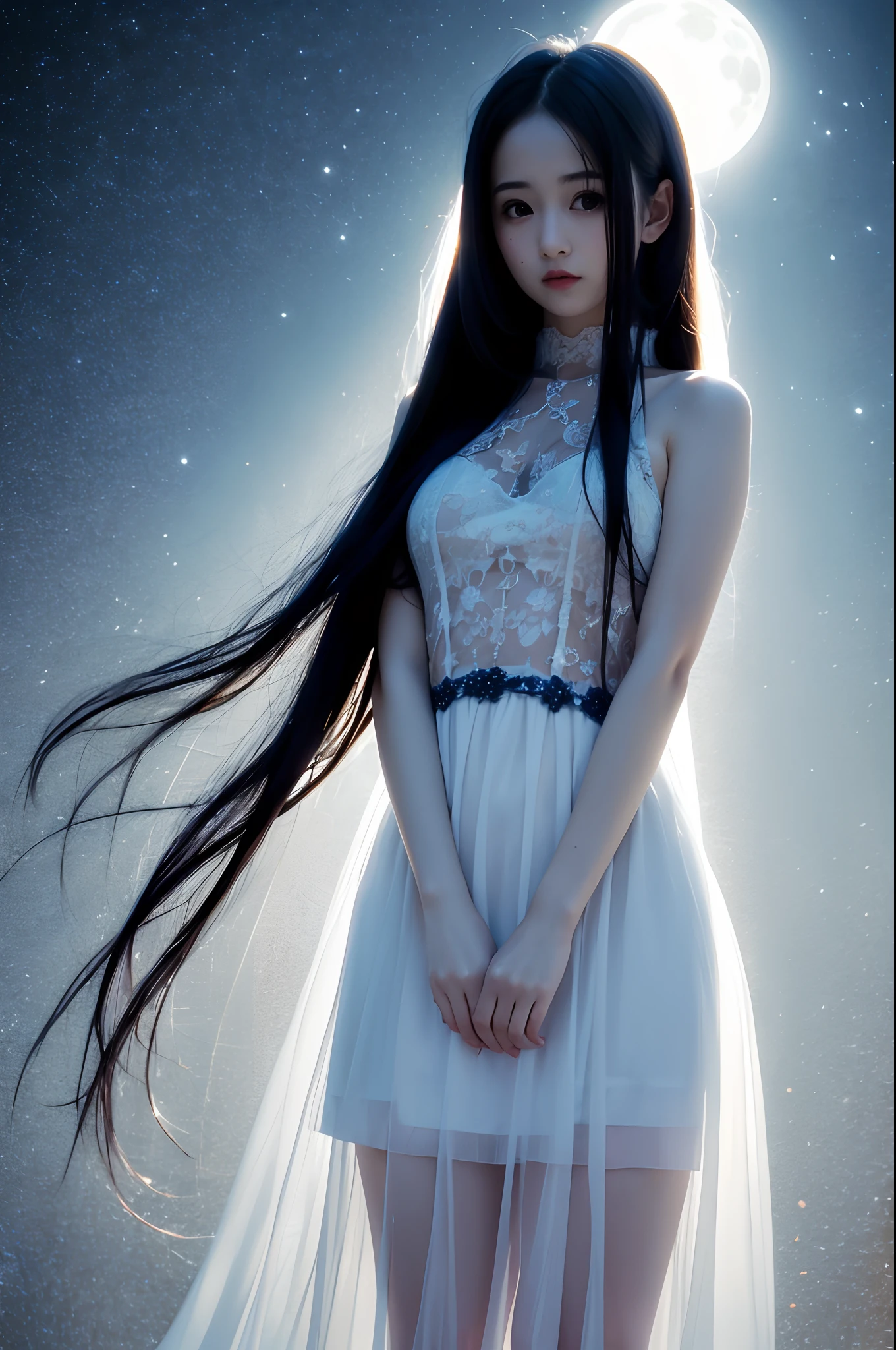 In the darkness of the shade，Standing a beautiful woman with long hair in the middle of the night，Wearing a dark blue transparent lace dress,Hands in front of you，Grayish blue tones，under moonlight，Outstanding light and shadow，in wonderland