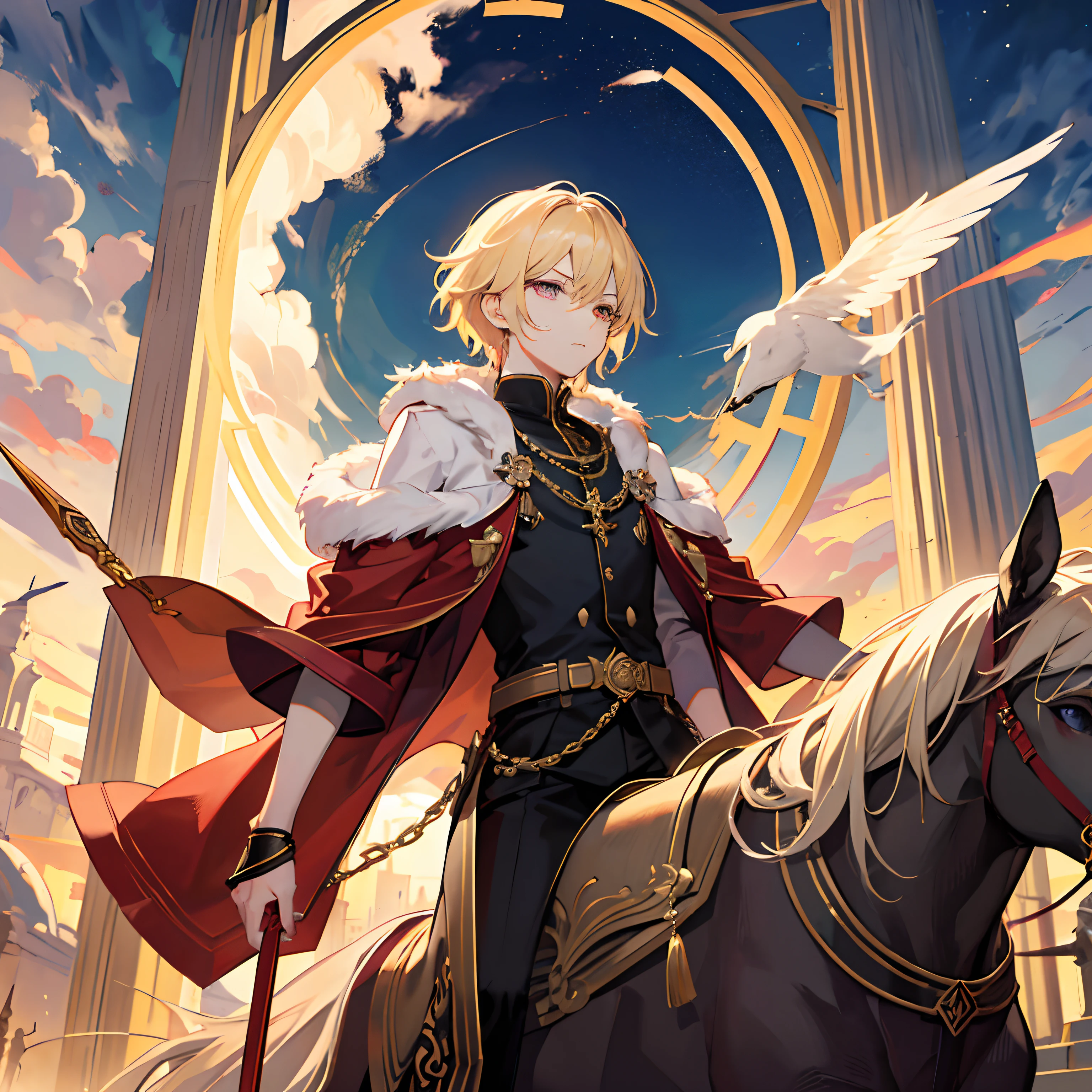 {1boys,独奏,}Blonde super short hair boy,slanted bangs,(hair adornments,jewely),He stood in front of the empty temple,he has sapphire-like eyes,The eyes are decisive and decisive,The expression is unwavering,No amount of darkness could break him,He looked into the distance,He wears gorgeous men's clothing,There are many valuable ornaments on the dress,Wear a red trench coat,There is a fur collar on the trench coat,The trench coat flutters in the wind,slender leg,Tall man,He is tall,There is a gold chain on the white pants,A dazzling golden light shone behind him,sacred place,The incarnation of Odin,Armed with the Eternal Spear Ganganiel,Asgard,Norse mythological system,dynamic scene,Riding an eight-legged war horse,The sense of sacredness,Full of courage,Faraway view,visto ao longe,far from viewer,looking at viewert,the sideview,(Best quality at best),(extremely detaile),(Unique),(Delicate background),(Masterpiece),(Ultra-high resolution),(Very detailed 8k wallpapers),cinmatic lighting,Volumetriclighting,light particules,Face Shadow,(Delicate handsome face and eyes),depth of fields,ssee-through,