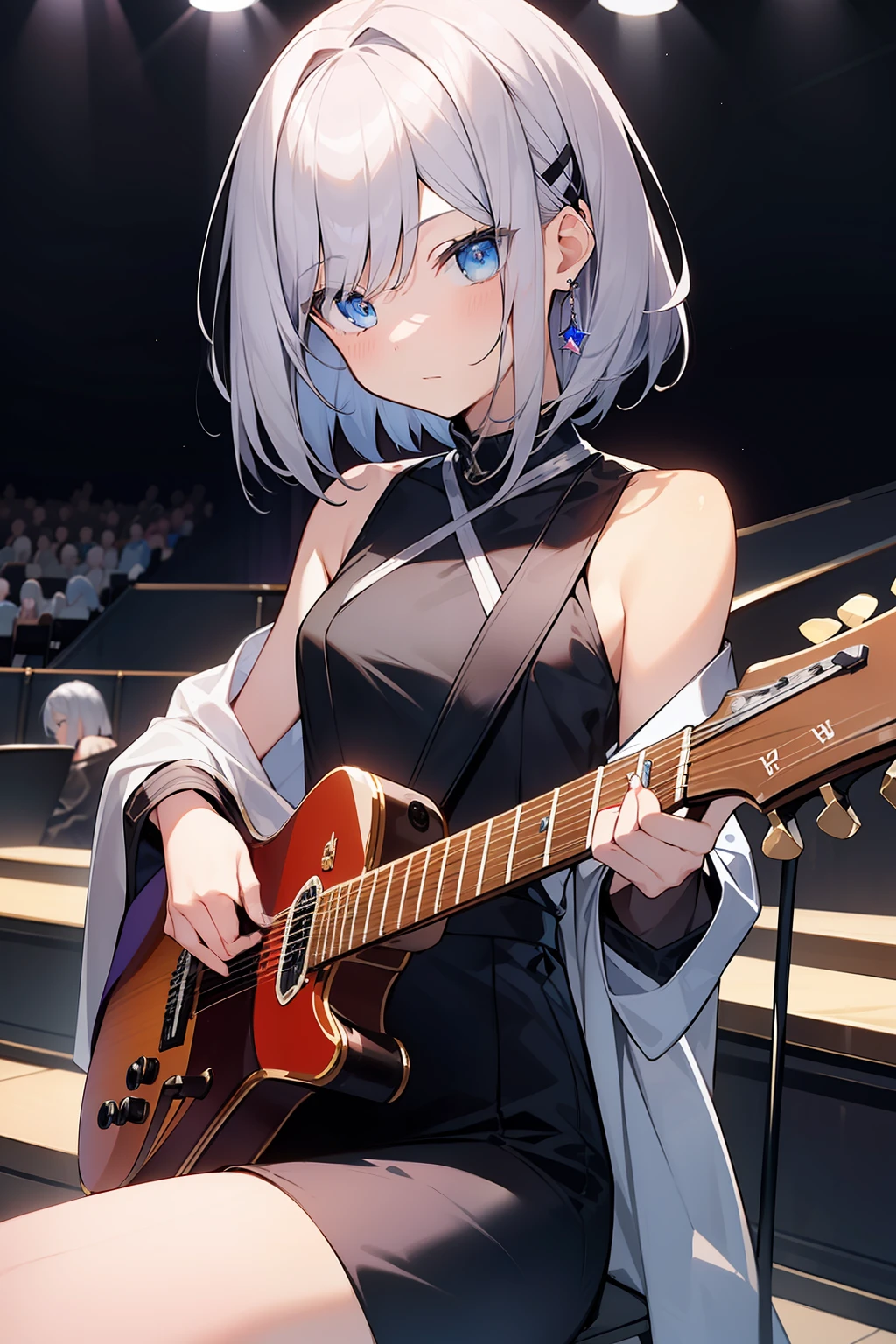 masterpiece, hyper quality, 1girl, solo girl, silver hair, blue eyes, sharp eyes, straight hair, (short hair), ((shoulder-length hair)), expressionless, sitting on the chair, a brown chair, holding a guitar, music notes, Concert hall, stage, star hair pin, blue and purple