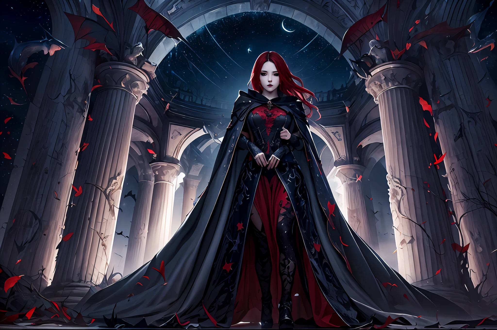 a picture of an exquisite beautiful female vampire standing under the starry night sky on the porch of her castle, dynamic angle (ultra detailed, Masterpiece, best quality), ultra detailed face (ultra detailed, Masterpiece, best quality), ultra feminine, grey skin, red hair, wavy hair, dynamic eyes color, cold eyes, glowing eyes, intense eyes, dark red lips, [fangs], wearing white dress (ultra detailed, Masterpiece, best quality), blue cloak (ultra detailed, Masterpiece, best quality), long cloak, flowing cloak (ultra detailed, Masterpiece, best quality), high heeled boots, sky full of stars background, moon, bats flying about, high details, best quality, 8k, [ultra detailed], masterpiece, best quality, (ultra detailed), full body, ultra wide shot, photorealism, dark fantasy art, dark fantasy art, gothic art, many stars, dark fantasy art, gothic art, sense of dread,