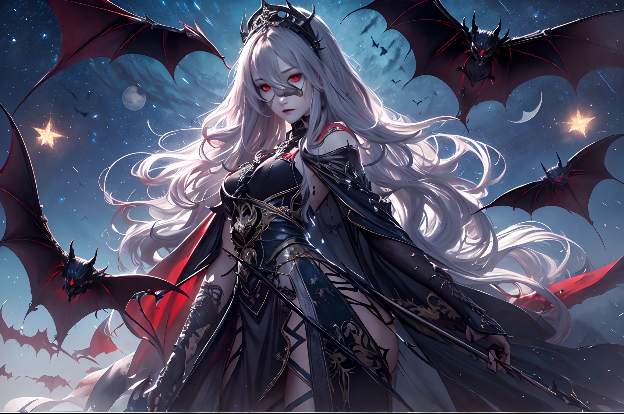 a picture of an exquisite beautiful female vampire standing under the starry night sky on the porch of her castle, dynamic angle (ultra detailed, Masterpiece, best quality), ultra detailed face (ultra detailed, Masterpiece, best quality), ultra feminine, grey skin, red hair, wavy hair, dynamic eyes color, cold eyes, glowing eyes, intense eyes, dark red lips, [fangs], wearing white dress (ultra detailed, Masterpiece, best quality), blue cloak (ultra detailed, Masterpiece, best quality), long cloak, flowing cloak (ultra detailed, Masterpiece, best quality), high heeled boots, sky full of stars background, moon, bats flying about, high details, best quality, 8k, [ultra detailed], masterpiece, best quality, (ultra detailed), full body, ultra wide shot, photorealism, dark fantasy art, dark fantasy art, gothic art, many stars, dark fantasy art, gothic art, sense of dread,