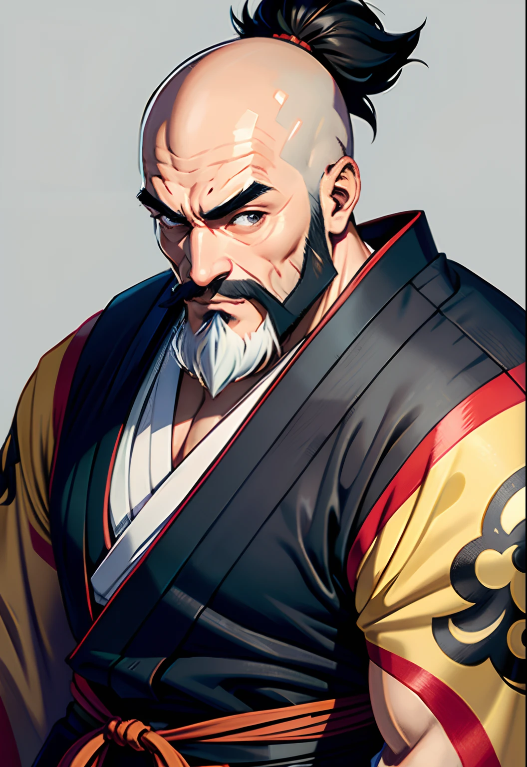 Handsome kimono samurai muscular bald beard Super detailed face hyper realistic