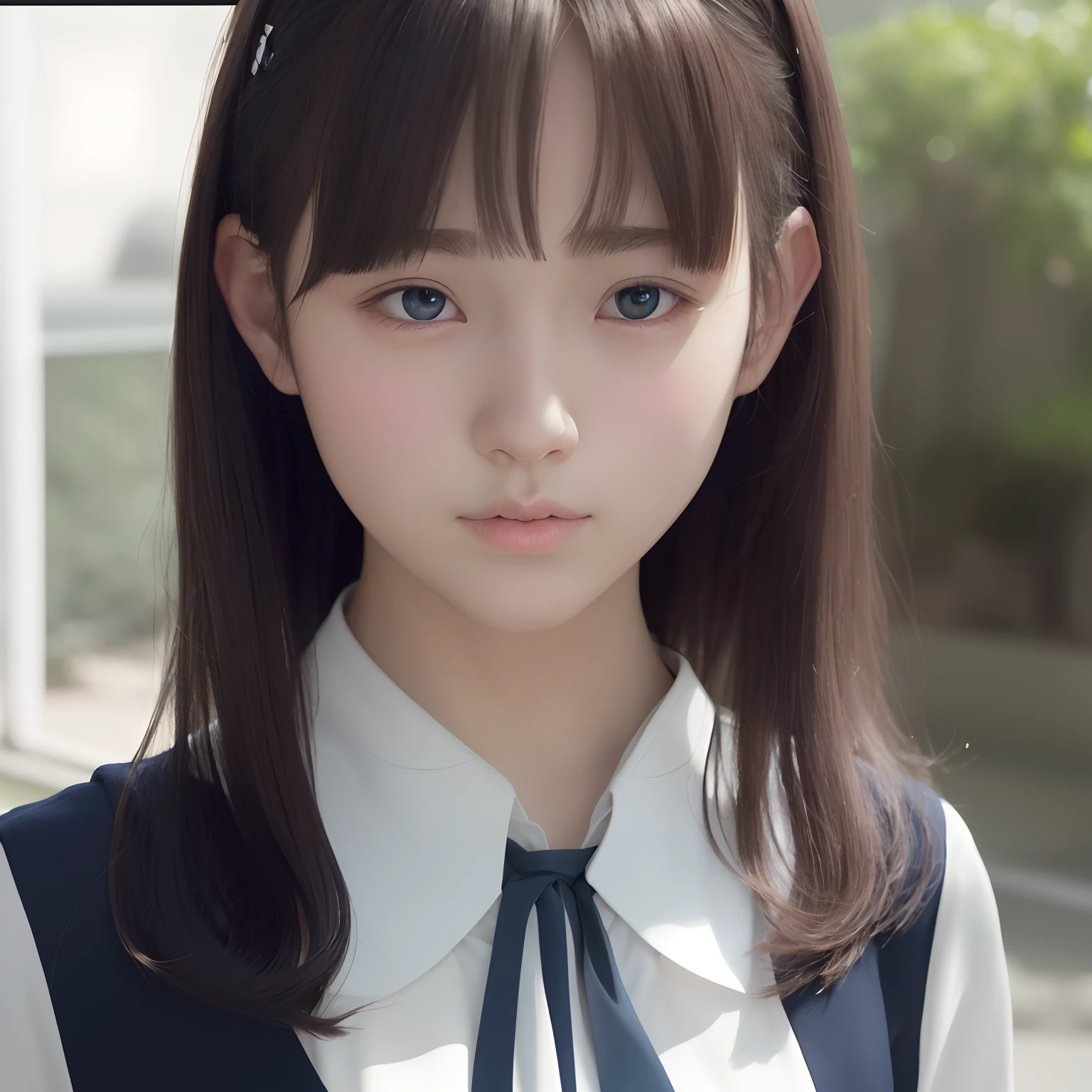 There is a young girl in a blue tie and white shirt, kawaii realistic portrait, realistic anime 3 d style, a hyperrealistic schoolgirl, Realistic anime art style, realistic young anime girl, photorealistic anime, made with anime painter studio, a hyperrealistic schoolgirl, Anime Realism Style, Realistic anime art style, Smooth Anime CG Art、Age is 。Skin color is white skin、I have a very sad face and a lot of tears、thin neck