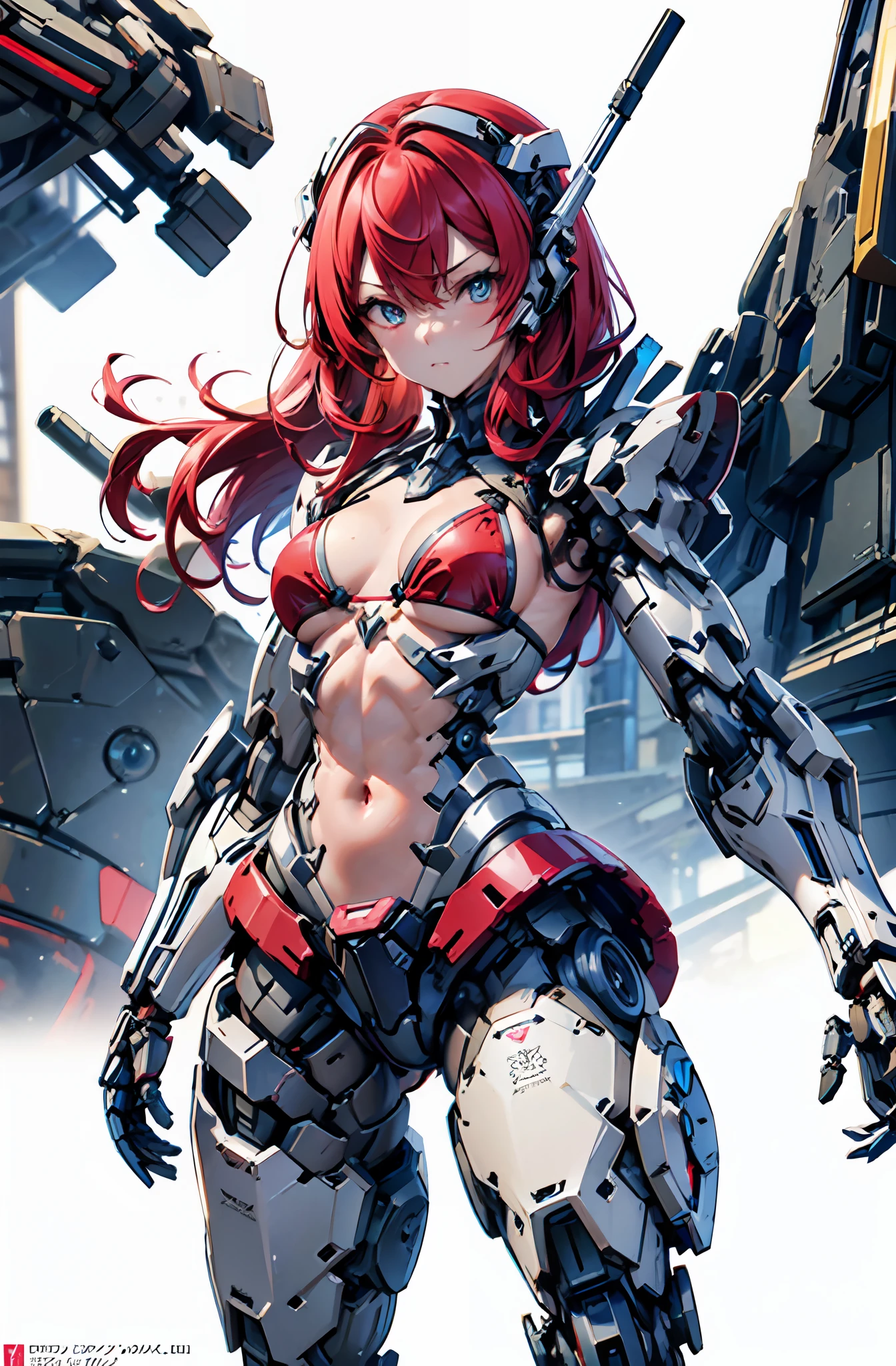 (bare chest and navel), robot, masterpiece face, masterpiece eyes, (feminine machine body), (machine joints, Mechanical skelton and Artificial muscle:1.3), mechanical skin, machine flanks, (Machine internal structure exposure:1.2), (red long hair), (mechanical bikini armor:), cowboy_shot, side focus, shiny, cyber punk, Masterpiece, best quality, captures a super cute moment, depth of field, ultra detailed, ultra high resolution, C4D, Octadale, 3D modeling, 8k, 16k,