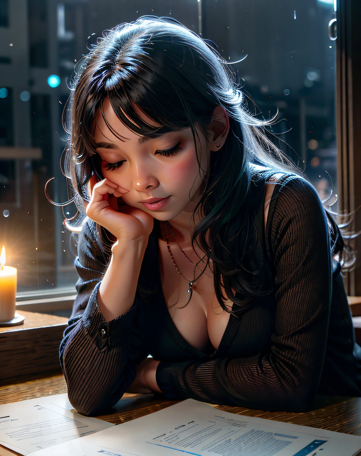 Cute girl at her desk resting her head on the table sleeping, in the background a window where you can see the rain falling, next to it a candle in high definition, night sky, chuva, pintura hiperdetalhada, Luminismo, arte por Carne Griffiths e Wadim Kashin arte conceitual, 4k resolution, fractal isometrics details bioluminescens , 3D-rendering, octan render, intrinsecamente detalhado , cinemactic, trend in artstation Isometric Centered hypereallistic cover photo amazing full color, Hand drawn , corajoso, mucha realista , intrincado, hit definition , cinemactic,rough sketch, linhas em negrito, no papel.