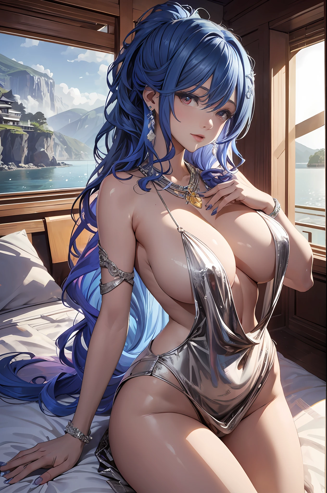 55
(Enrich the picture,Masterpiece level quality)Beautiful 8K CG artwork,Goddess-like posture,sittinng on the river,Postural exercises,Slim and soft,Translucent skin,Blue hair、The beauty of extra-long hair, Super Long Straight Hair,The skin is fair and juicy,Underwear uniforms,Perspective Part 1.2x enhanced silhouette effect,Exquisite transparent blues pattern in pajamas,The details are intricate and exquisite,The background is slightly blurred,Charming and lustful leg seduction,Drool,J cup big breasts,Blush,Japan goddess,Perfect body slim curves,Scene by the sea,